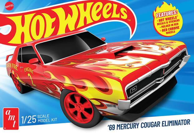 MATTEL FEATURES:
- HOT WHEELS™
- DECALS & STICKERS
- MOLDED IN RED
- RED CHROME WHEELS
1/25 SCALE MODEL KIT
'69 MERCURY COUGAR ELIMINATOR