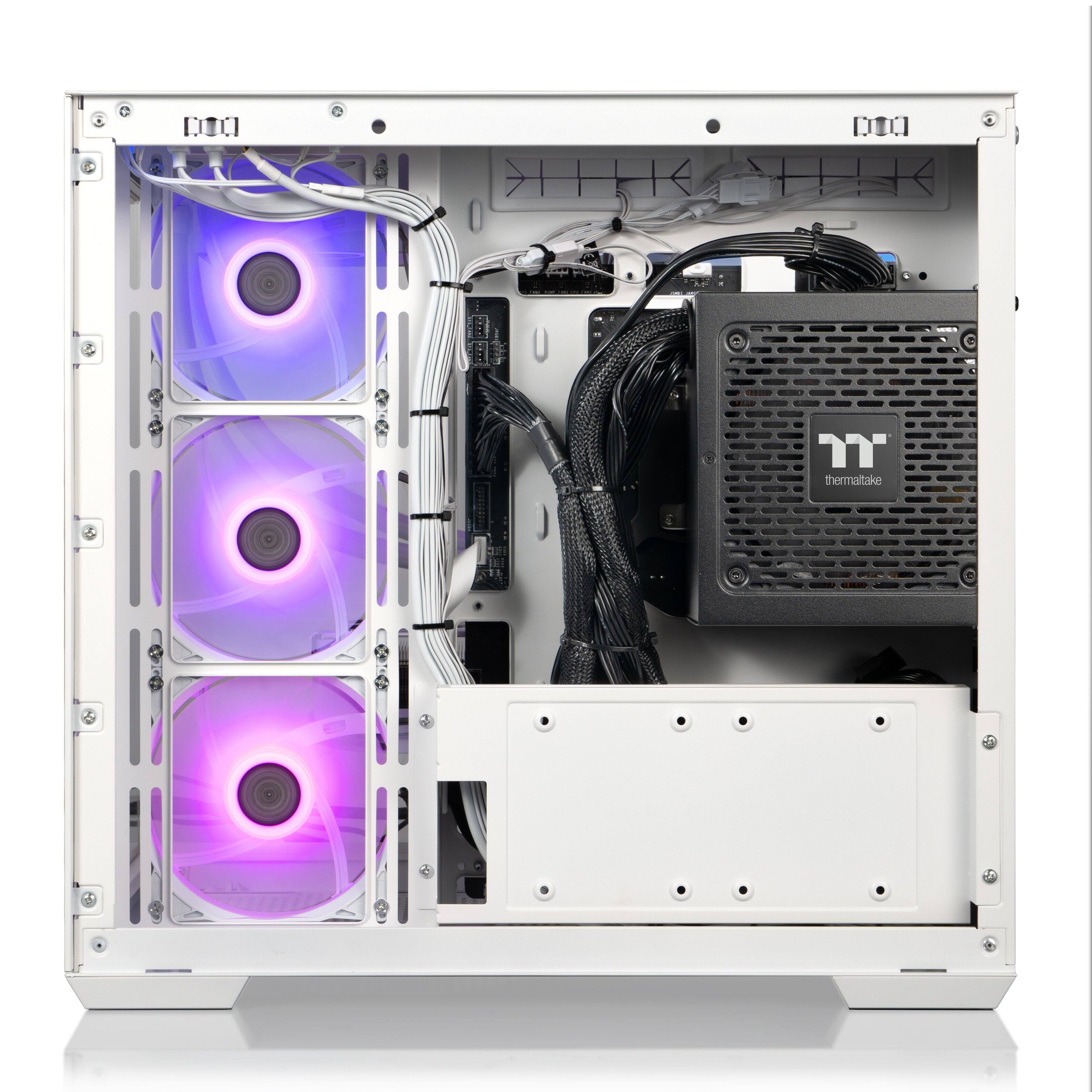 The text on the image reads "V THK U T thermaltake." This text is likely meant to be a description or a logo for the computer components, such as the CPU cooler and fan, inside the computer case.