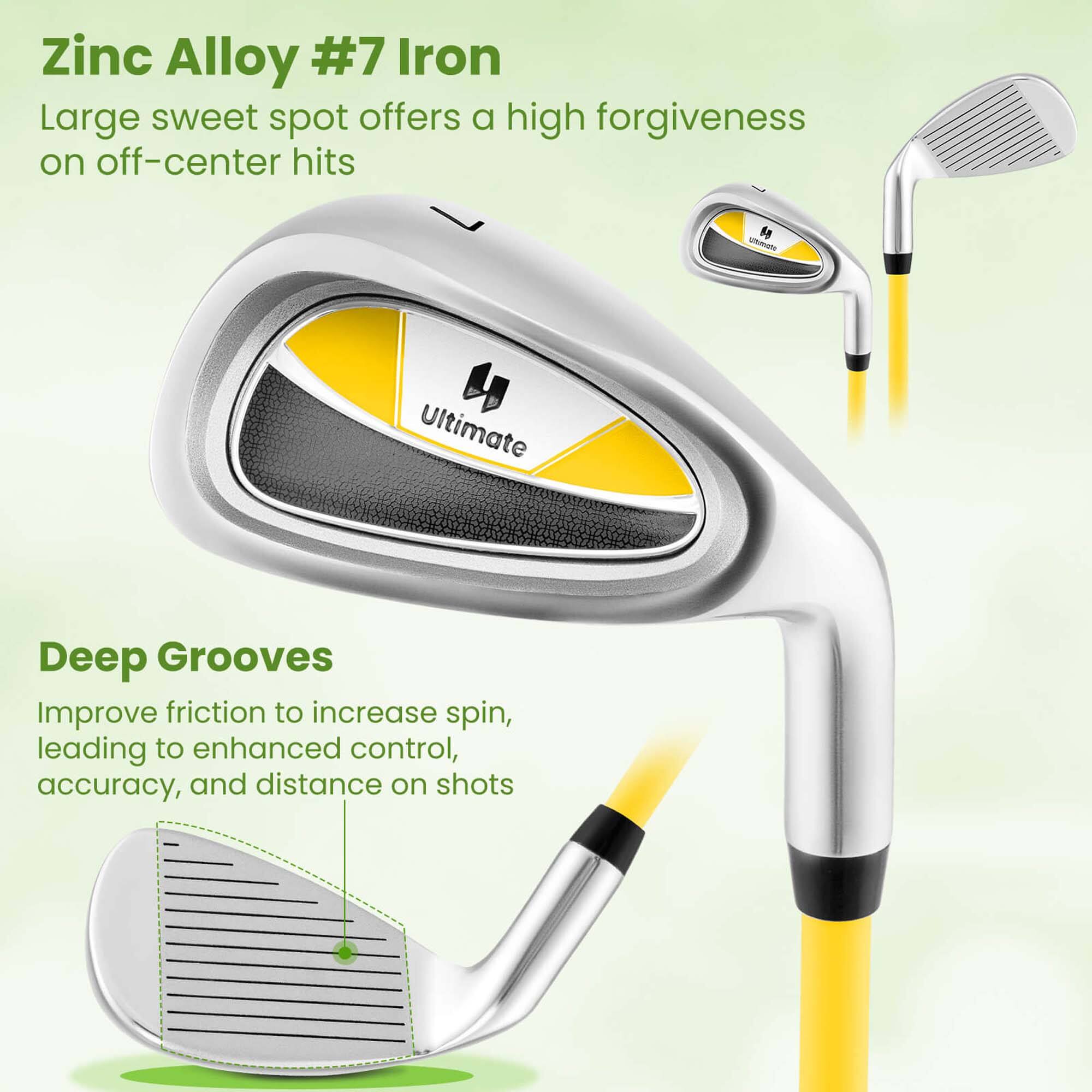 Zinc Alloy #7 Iron  
Large sweet spot offers a high forgiveness on off-center hits  

Deep Grooves  
Improve friction to increase spin, leading to enhanced control, accuracy, and distance on shots