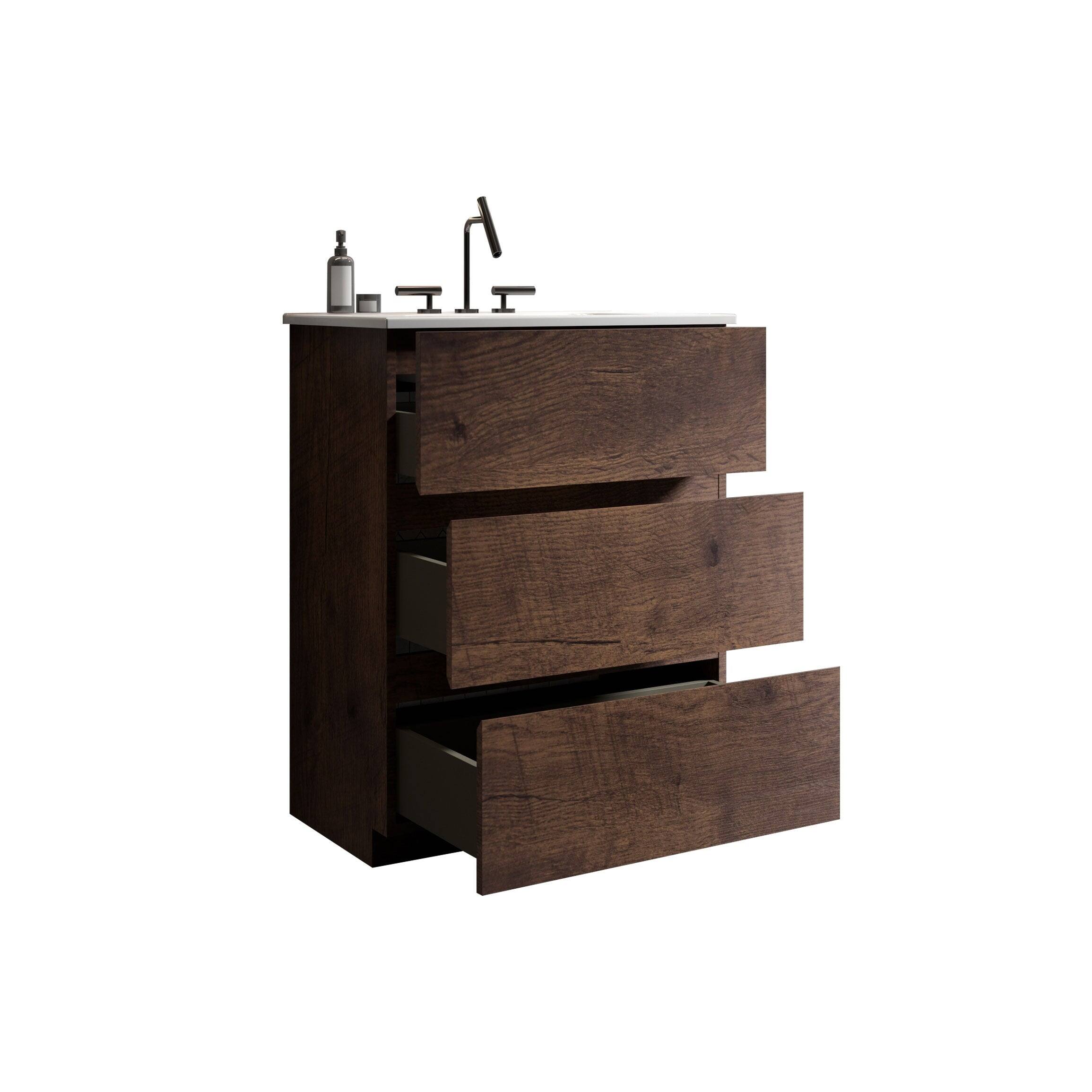 Alt View 3. Boyel Living - 24 Inch Walnut Bathroom Vanity with Sink, Large Storage, Freestanding Design, One-Piece Basin, Pre-Assembled - White+Walnut.