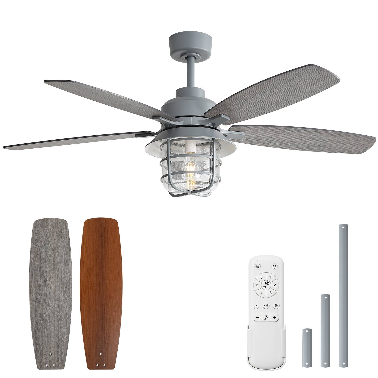 Front. GreenEver - 52" Modern Ceiling Fan with Dual-Finish Reversible Blades, Silent DC Motor, Dimmable LED & Bubble Glass - Grey.