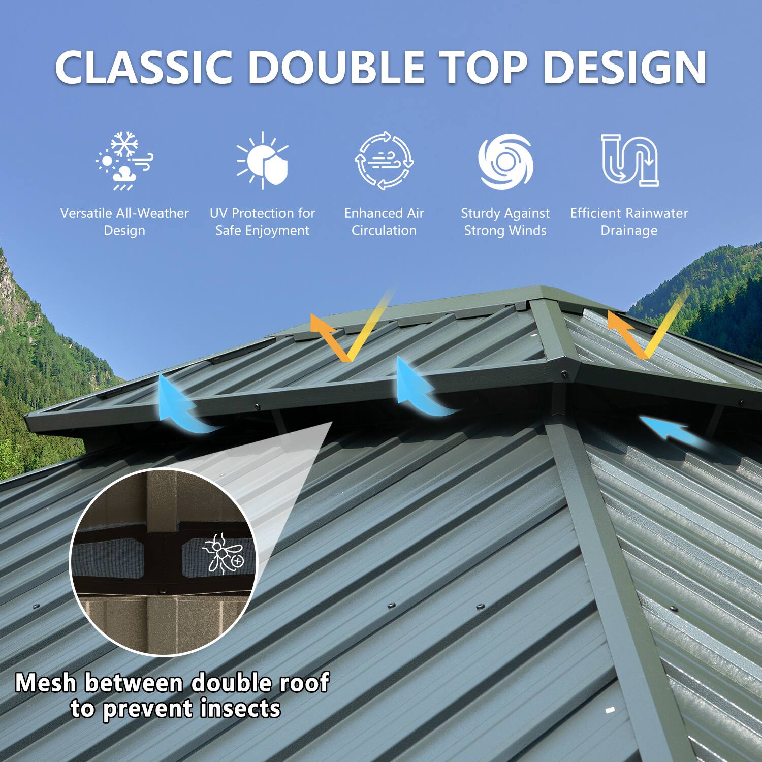 CLASSIC DOUBLE TOP DESIGN

- Versatile All-Weather Design
- UV Protection for Safe Enjoyment
- Enhanced Air Circulation
- Sturdy Against Strong Winds
- Efficient Rainwater Drainage

Mesh between double roof to prevent insects