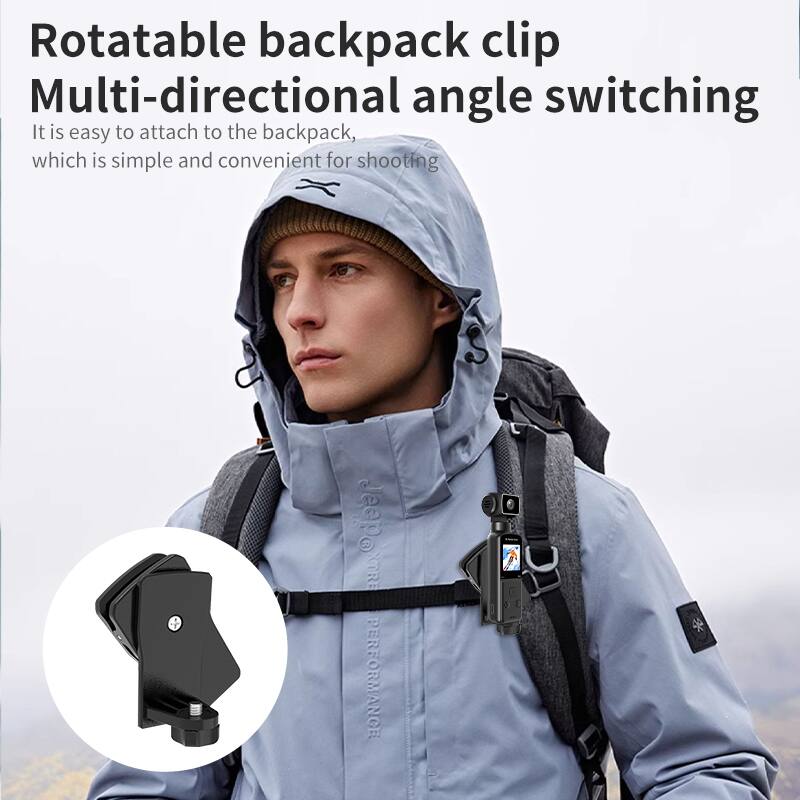 Rotatable backpack clip  
Multi-directional angle switching  
It is easy to attach to the backpack, which is simple and convenient for shooting