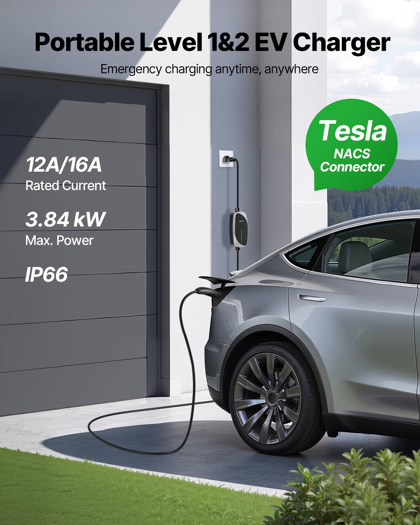 Portable Level 1&2 EV Charger  
Emergency charging anytime, anywhere  

12A/16A Rated Current  
3.84 kW Max. Power  
IP66  

Tesla NACS Connector
