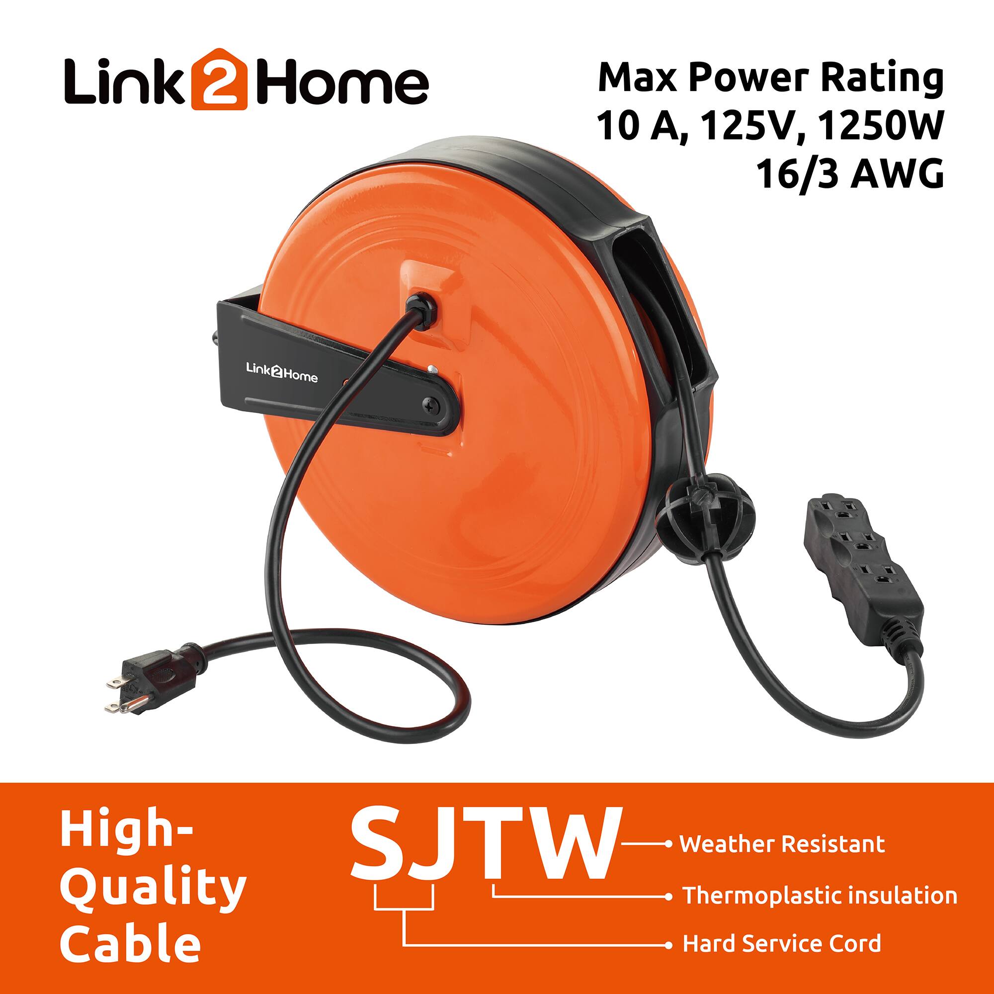 Link 2 Home  
Max Power Rating: 10 A, 125V, 1250W  
16/3 AWG  

High-Quality Cable  
SJTW  
- Weather Resistant  
- Thermoplastic insulation  
- Hard Service Cord