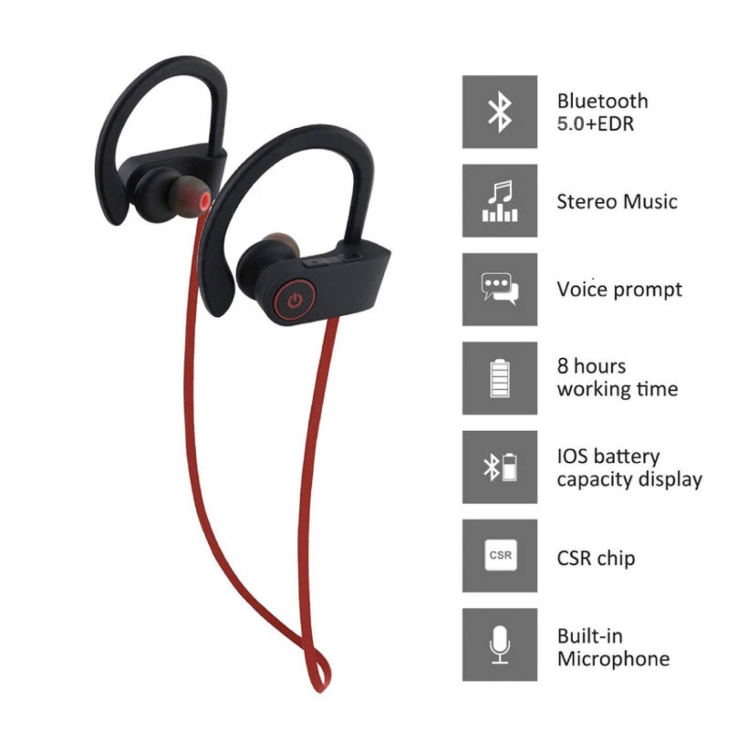Bluetooth 5.0+EDR  
Stereo Music  
Voice prompt  
8 hours working time  
IOS battery capacity display  
CSR chip  
Built-in Microphone