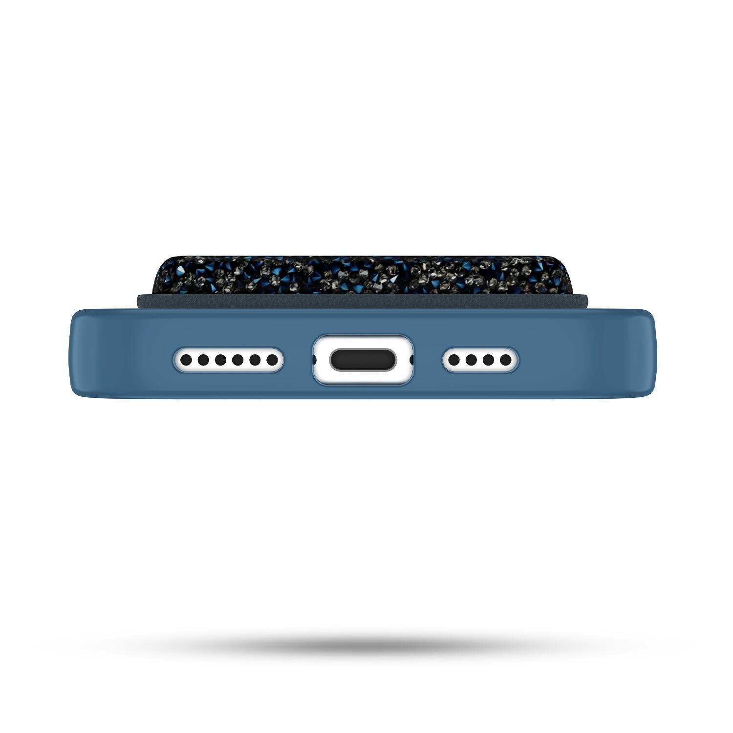 The image shows a blue device with a textured surface on top. It has two sets of LED indicators on either side of a central USB port. There is no text to group or correct.