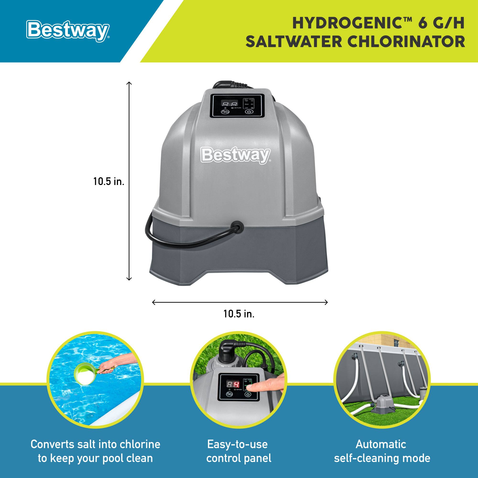 Bestway™ HYDROGENIC™ 6 G/H SALTWATER CHLORINATOR

10.5 in.

- Converts salt into chlorine to keep your pool clean
- Easy-to-use control panel
- Automatic self-cleaning mode
