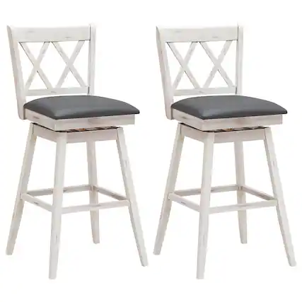 Front. Costway - Costway Set of 2 Barstools Swivel Counter Height Chairs w/Rubber Wood Legs - Antique White.