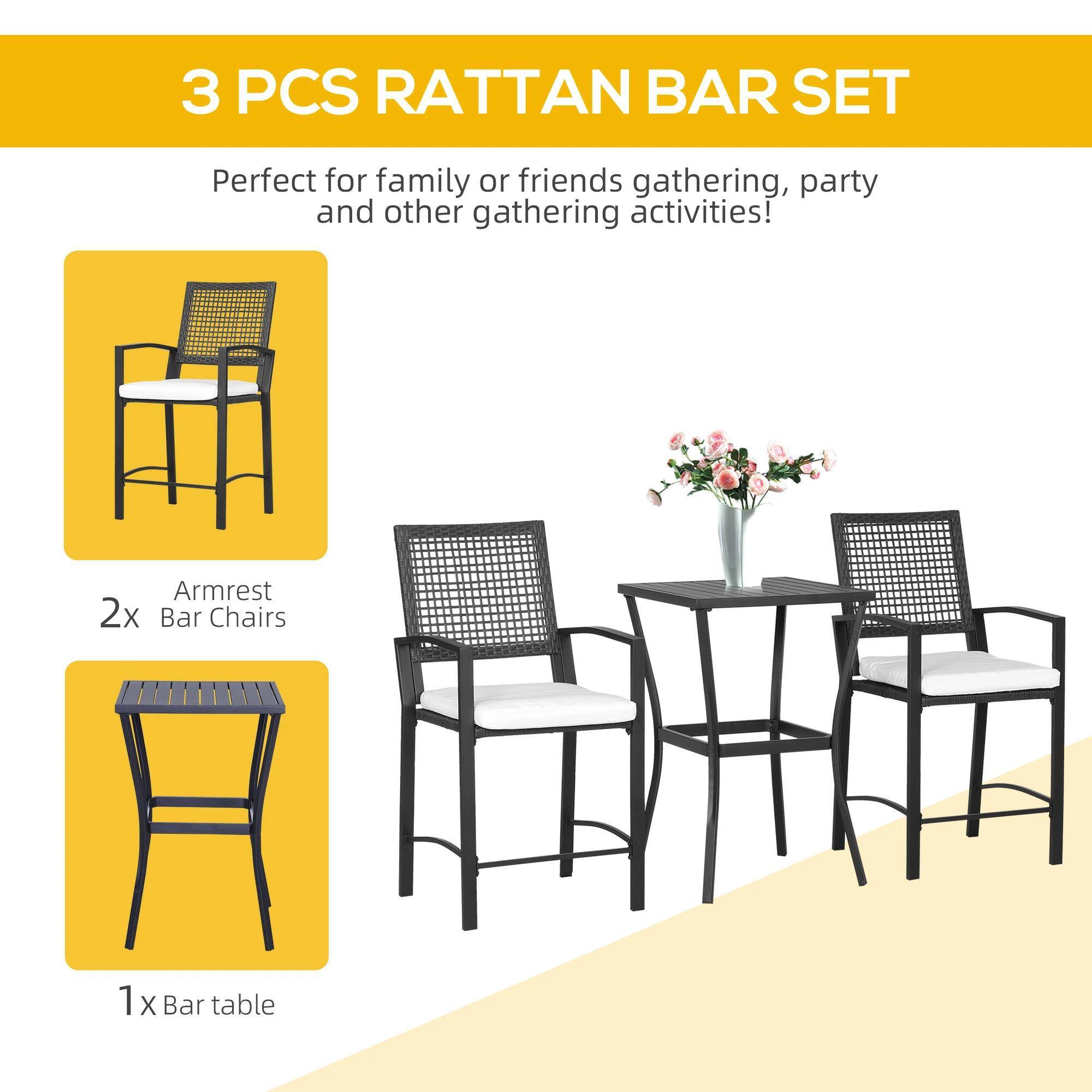 3 PCS RATTAN BAR SET

Perfect for family or friends gathering, party and other gathering activities!

- 2x Armrest Bar Chairs
- 1x Bar table