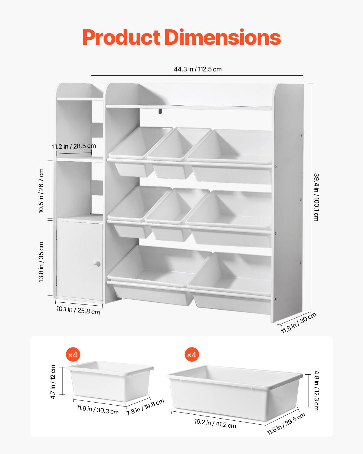 Product Dimensions: 44.3 in/112.5 cm x 39.4 in/100.1 cm x 10.5 in/26.7 cm

Small Tray Dimensions: 4.7 in/12 cm x 11.9 in/30.3 cm x 4.8 in/12.3 cm

Large Tray Dimensions: 16.2 in/41.2 cm x 11.6 in/29.5 cm x 4.8 in/12.3 cm
