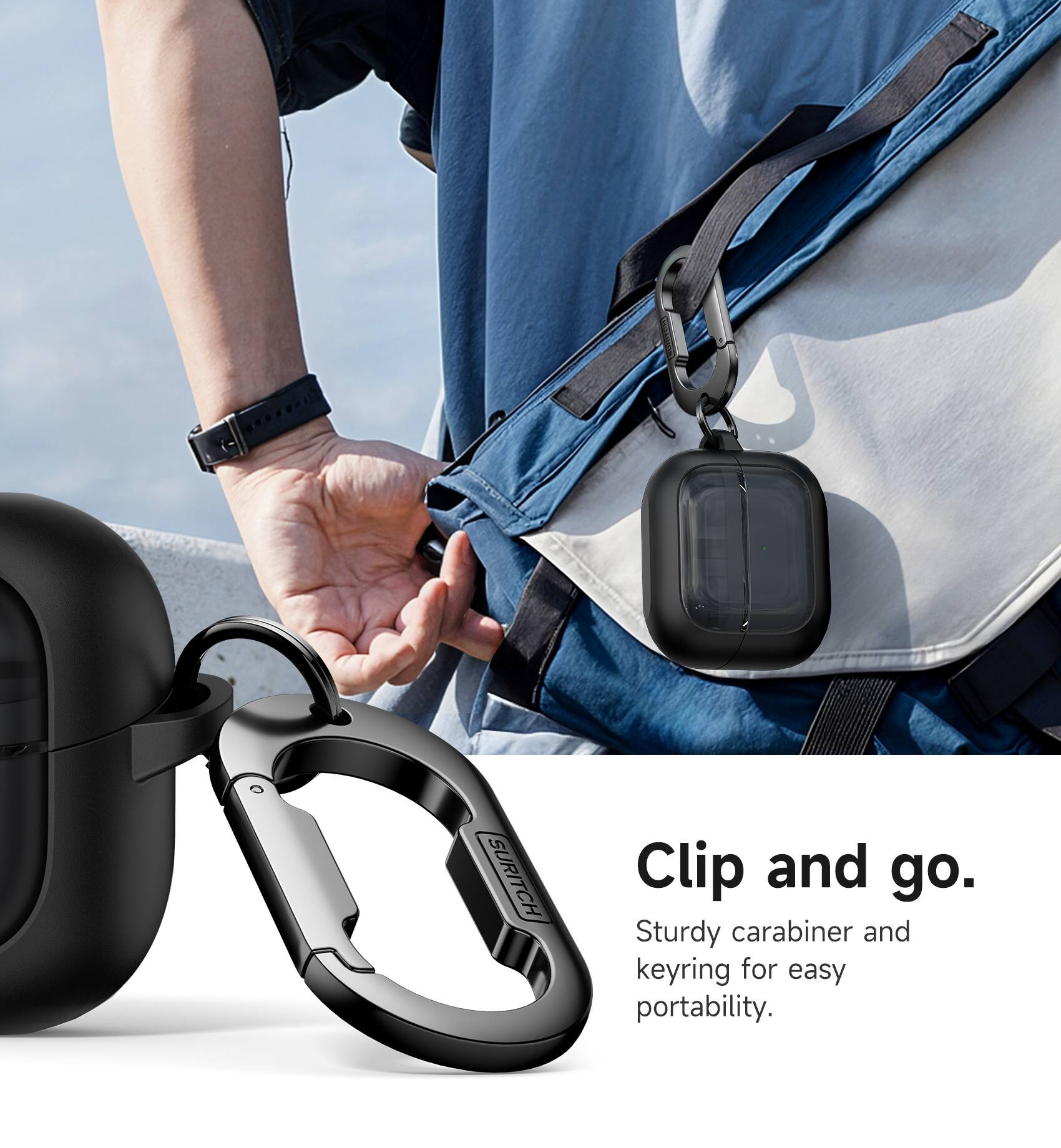 SURITCH Clip and go. Sturdy carabiner and keyring for easy portability.