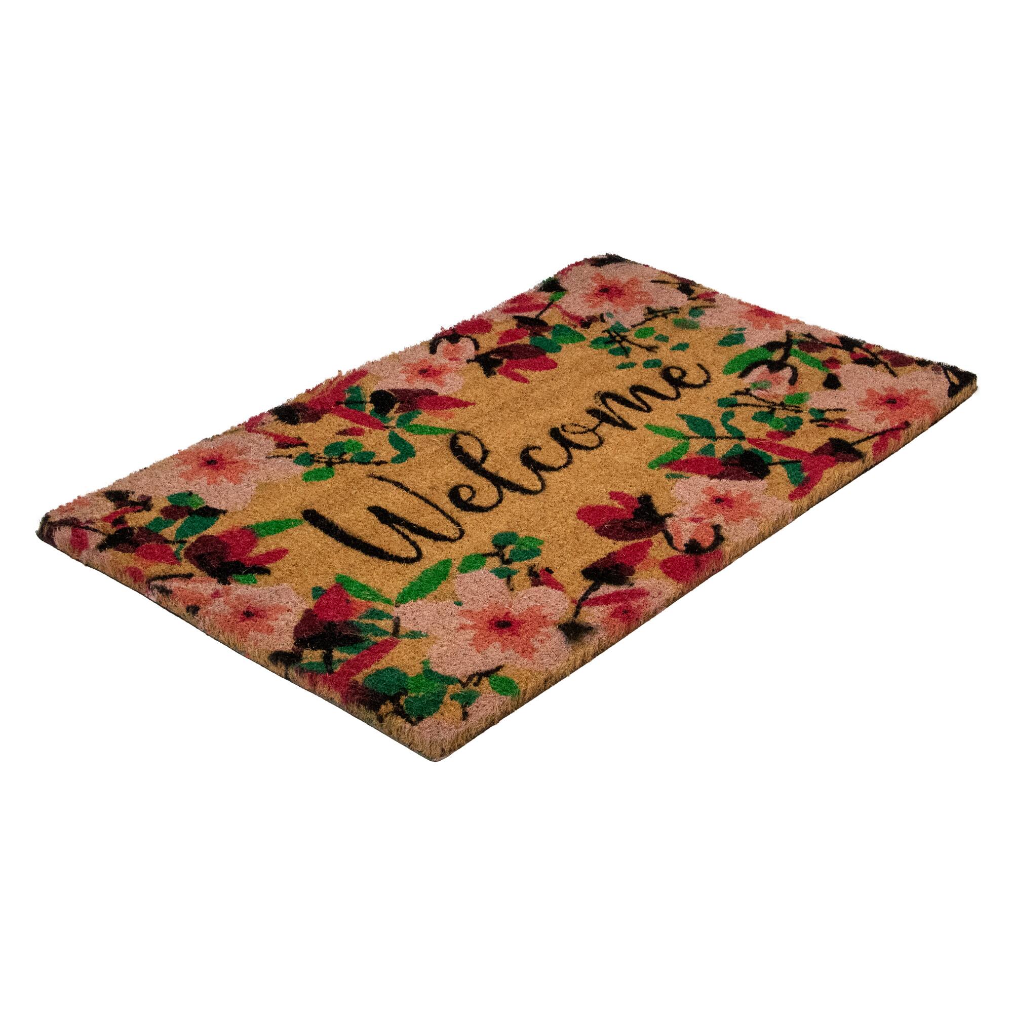 Alt View 3. Northlight - Natural Coir Blossoming Floral Outdoor Rectangular "Welcome" Doormat 18" x 30" - Brown.