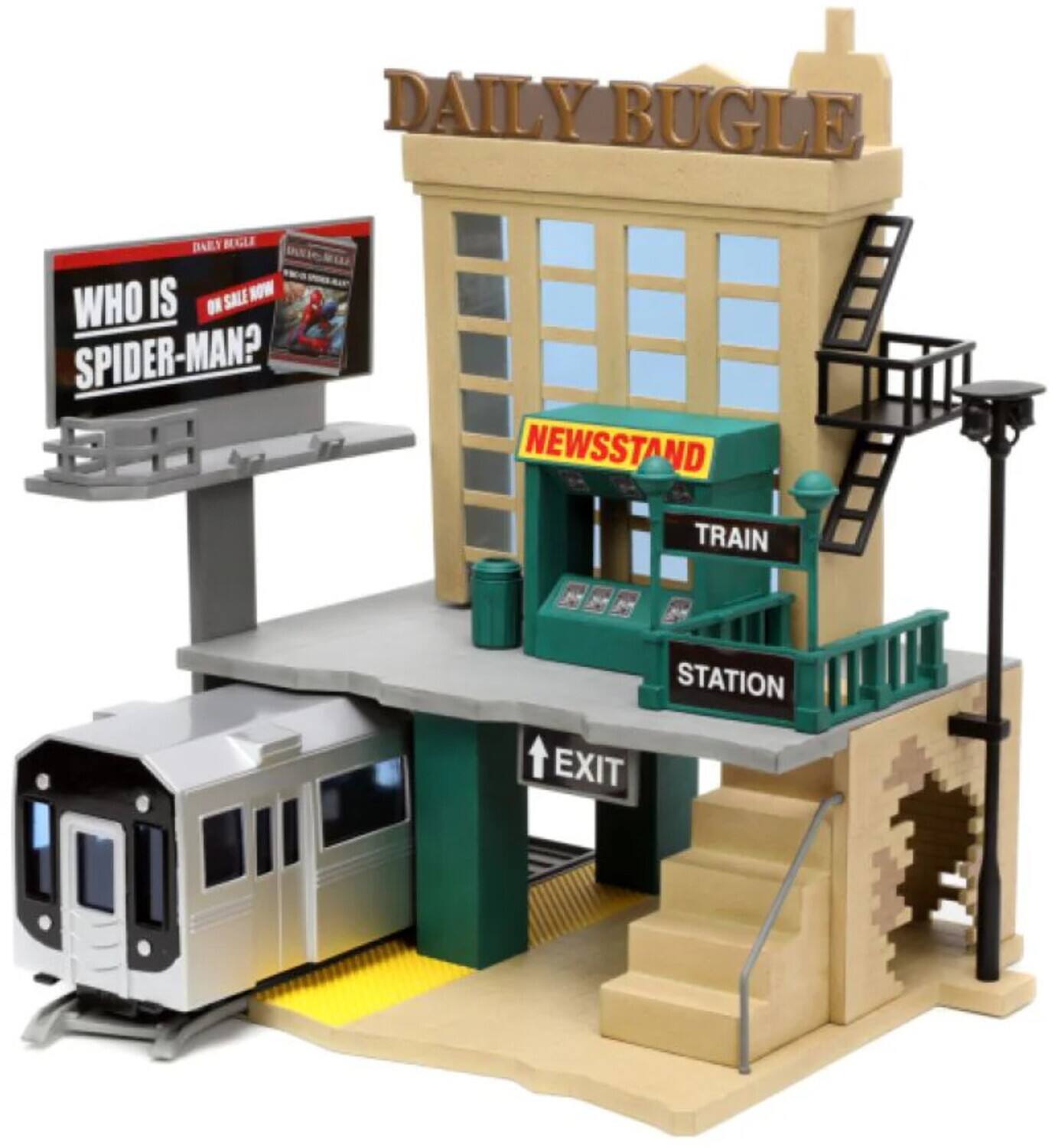 The corrected text from the image is:

"DAILY BUGLE
WHO IS SPIDER-MAN?
NEWSSTAND
TRAIN STATION
EXIT"