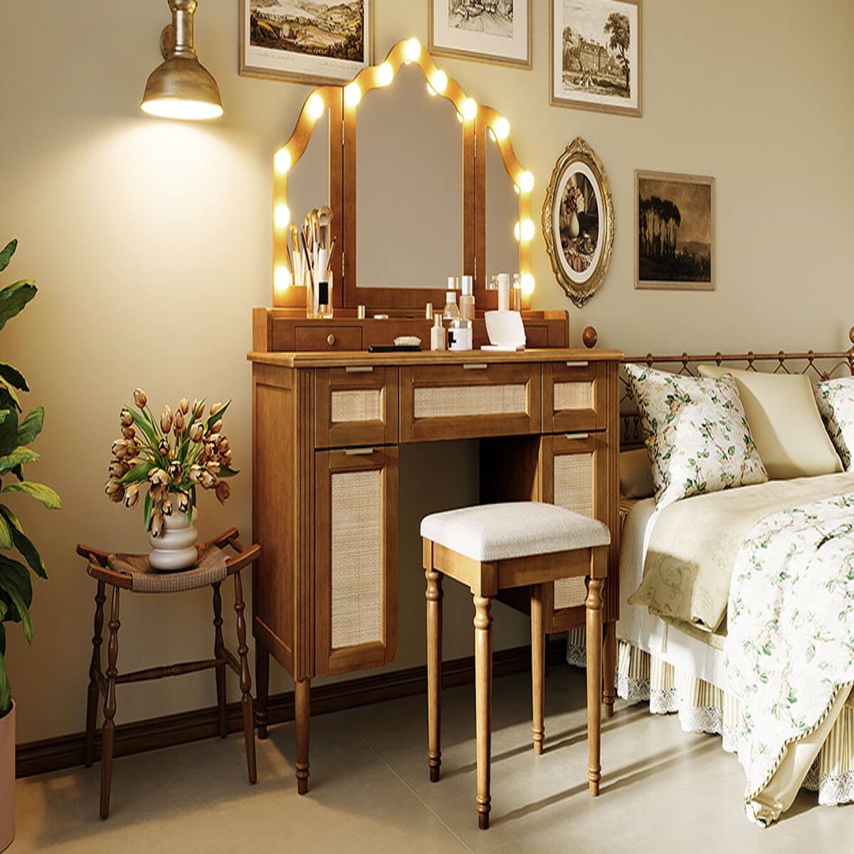 Alt View 6. Loheer - Loheer Makeup Vanity Desk with Stool, Espresso Tri-Fold Mirror and 13 Bulb Hollywood Lighting - Espresso.