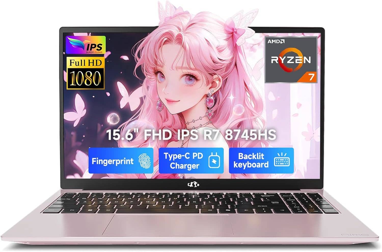 NIMO - 15.6" IPS FHD-Gaming-Laptop, AMD Ryzen 7 8745HS 32GB DDR5 RAM 1TB SSD 4.9GHz Radeon 780M Graphics 100W USB-C 4.0 - Rose Gold