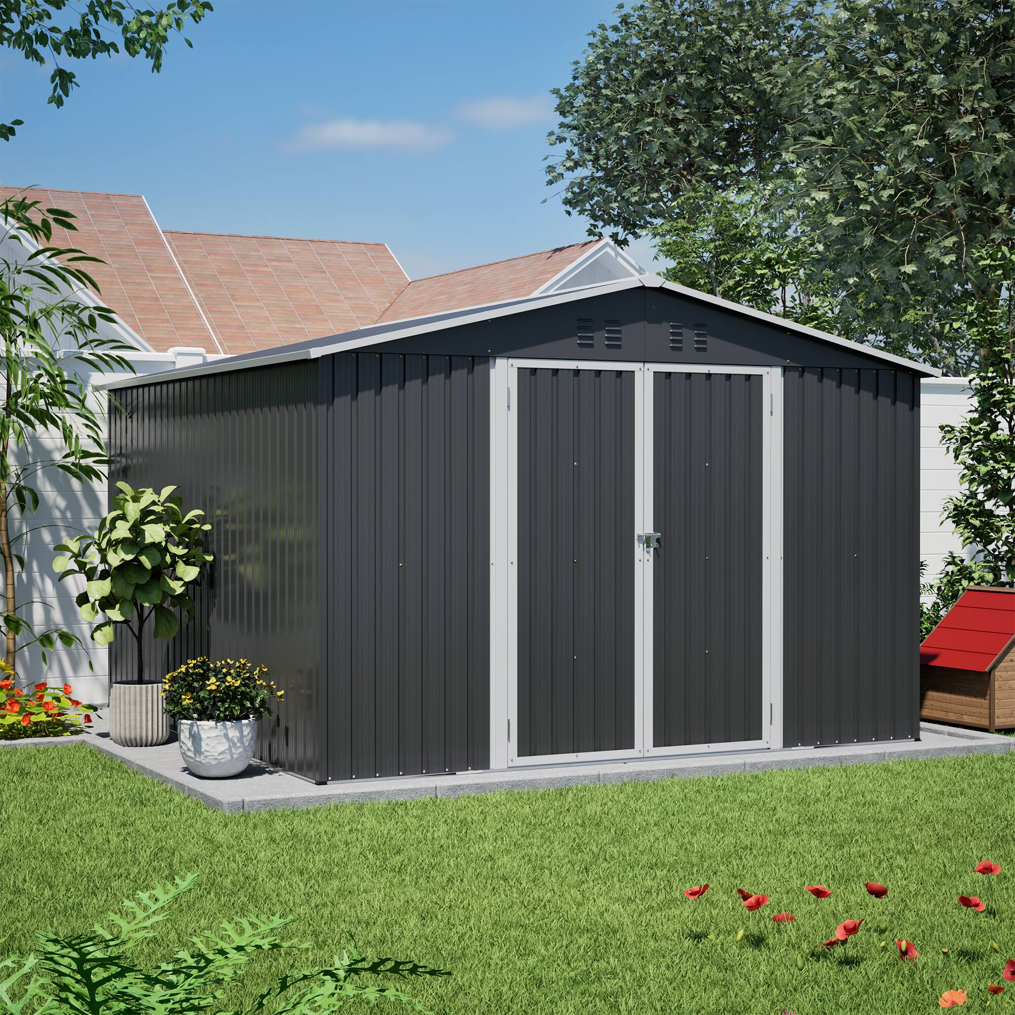 Angle. Mondawe - 10x10 FT Large Outdoor Metal Storage Shed with Lockable Double Doors - Black.