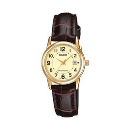 Casio - Women’s Champagne Dial Analog Watch with Leather Strap - LTP-V002GL-9BUDF - Brown