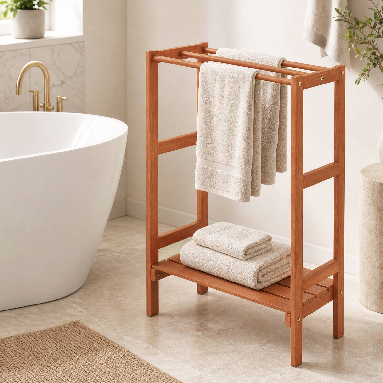 Alt View 1. Costway - Costway Freestanding Towel Rack with 3 Hanging Bars & Bottom Shelf for Bathroom, Laundry - Natural.