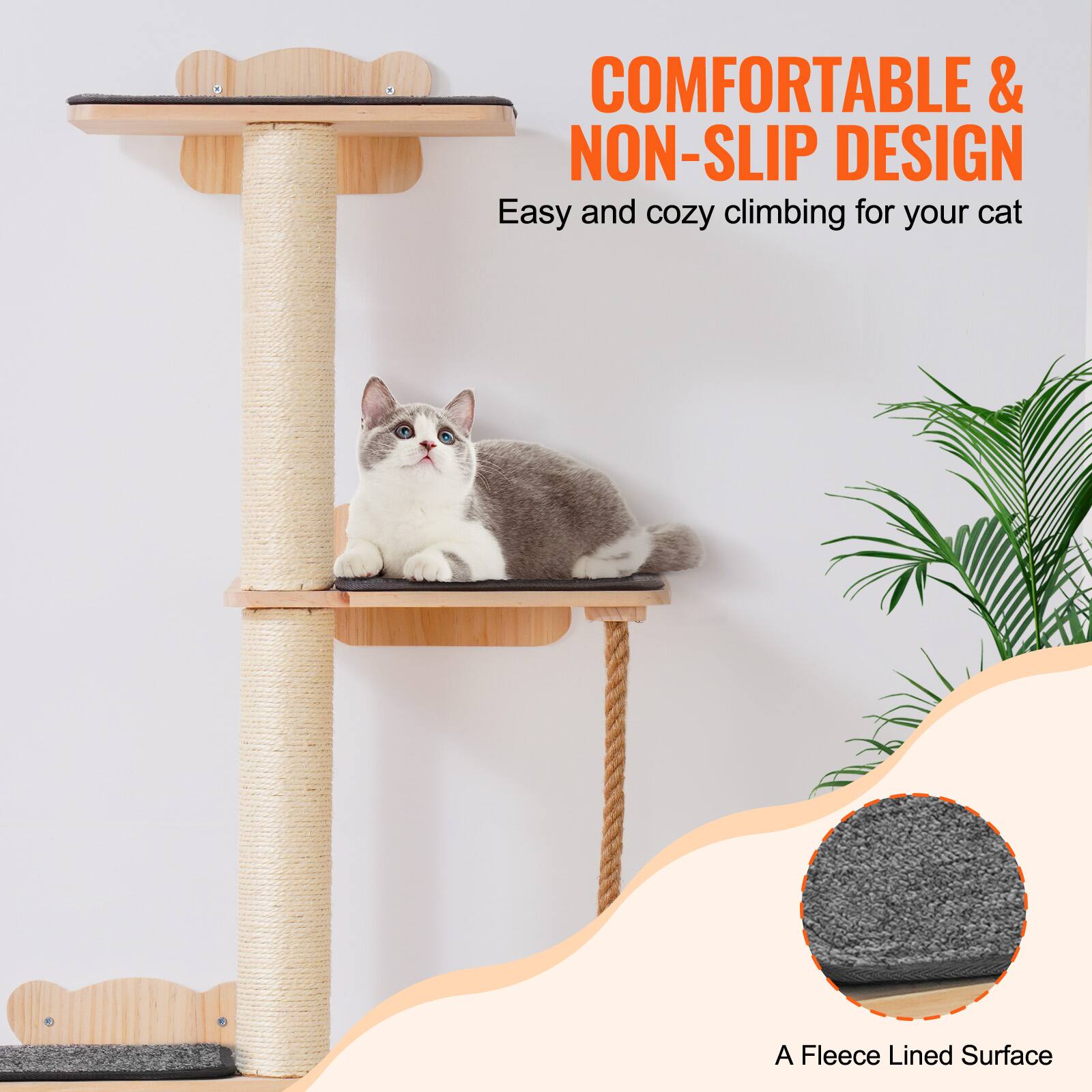 COMFORTABLE & NON-SLIP DESIGN  
Easy and cozy climbing for your cat  

A Fleece Lined Surface