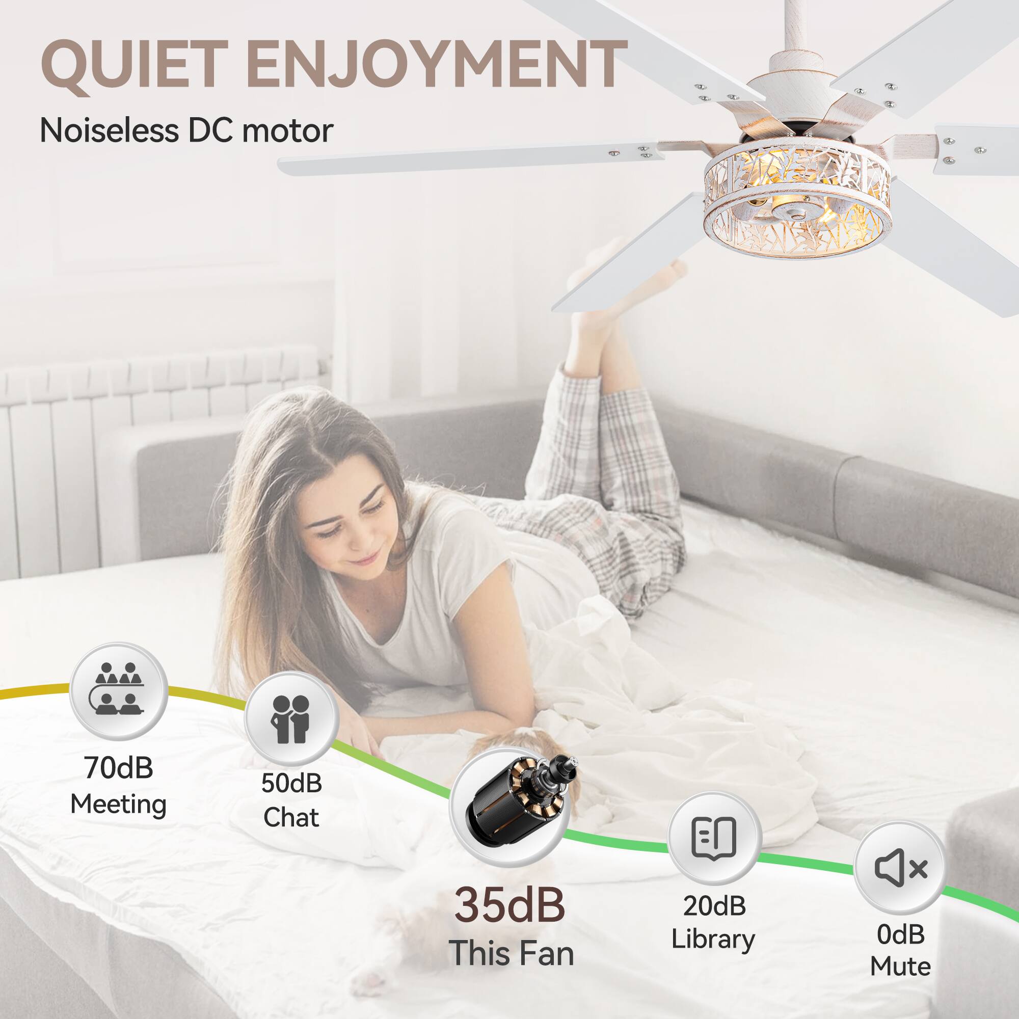 QUIET ENJOYMENT, Noiseless DC motor, 70dB Meeting, 50dB Chat, 35dB This Fan, 20dB Library, 0dB Mute