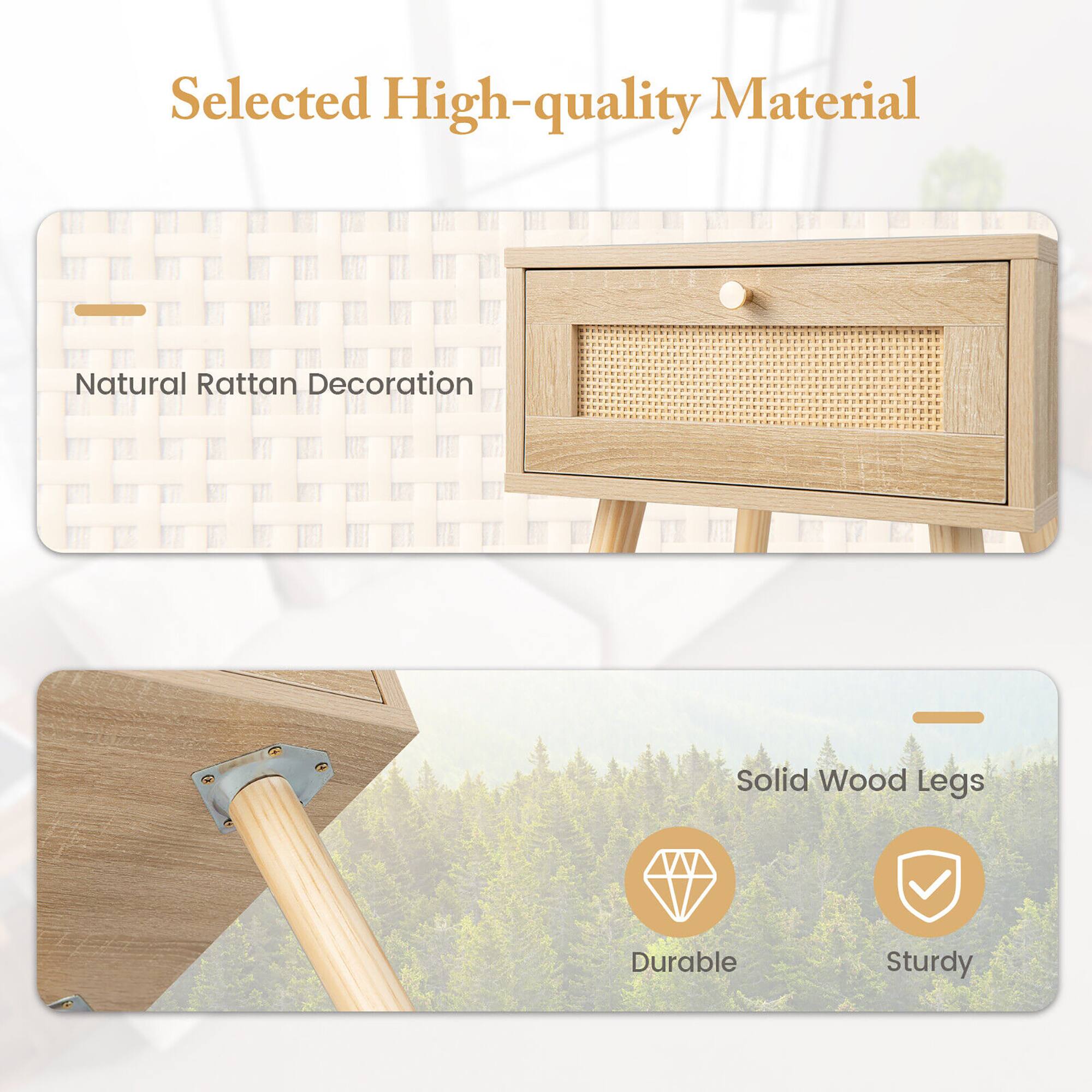 Selected High-quality Material: Natural Rattan Decoration, Solid Wood Legs, Durable, Sturdy.