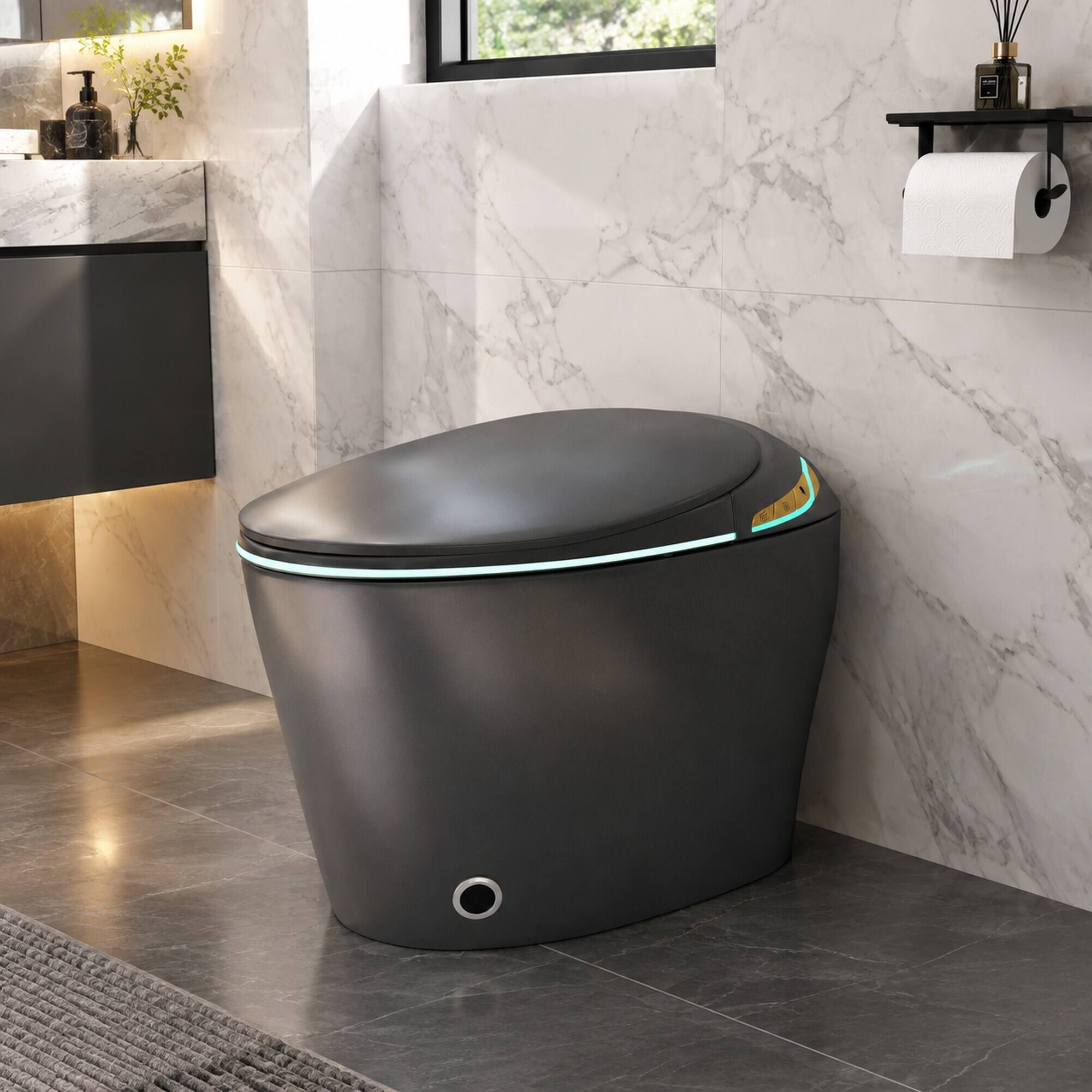 Alt View 1. RYHNUYNE - Unique One Piece Smart Bidet Toilet, Auto Open Close Seat Foot Sensor LED Display Night Light Warm Water Dryer In Grey - Grey.