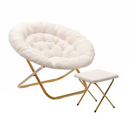 Emma + Oliver - Ersa Oversize Folding Saucer Moon Chair and Ottoman for Dorm and Bedroom with Steel Frames - Ivory Faux Shearling Fabric/Soft Gold Frame