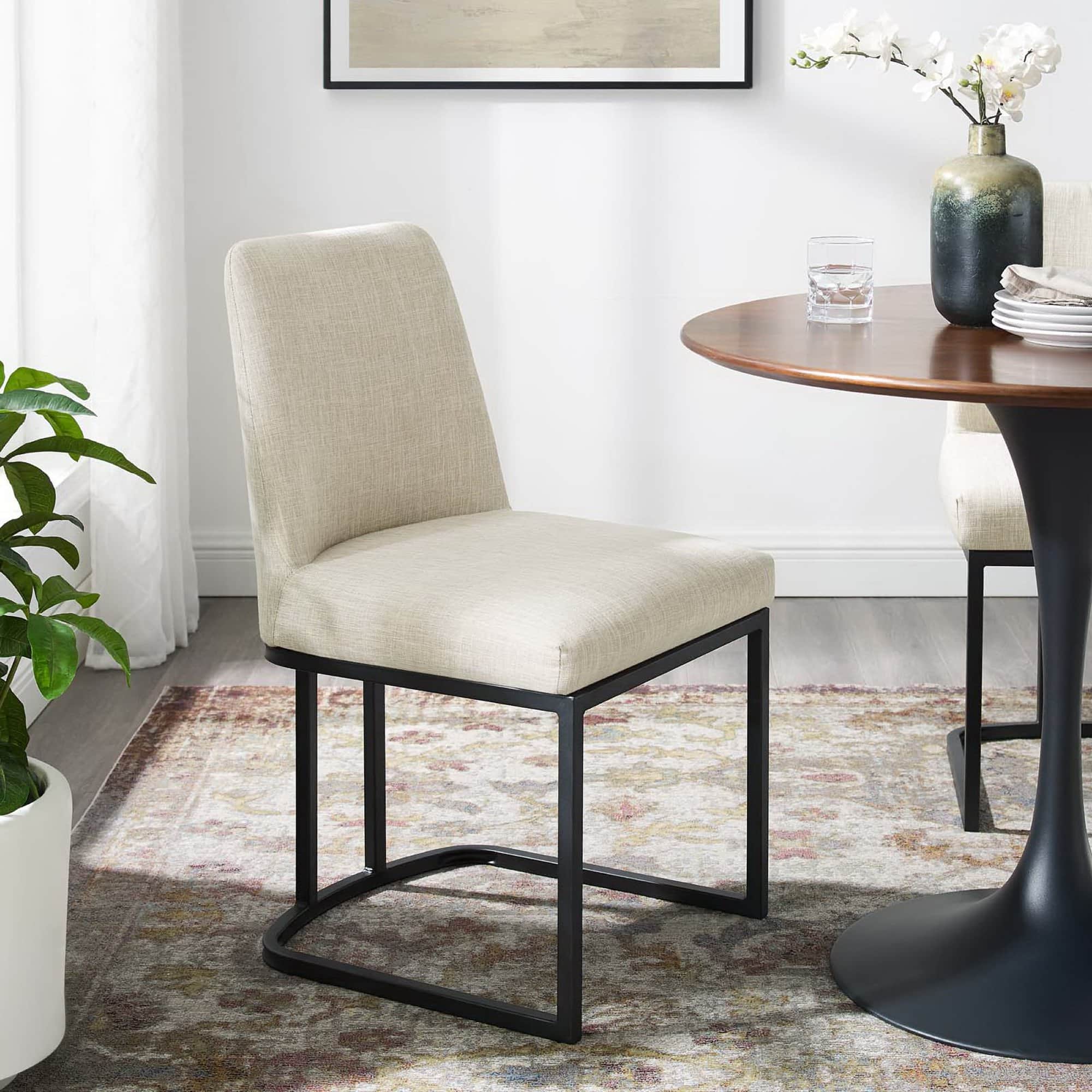 Amplify Sled Base Upholstered Fabric Dining Side Chair by Modway - Black Beige