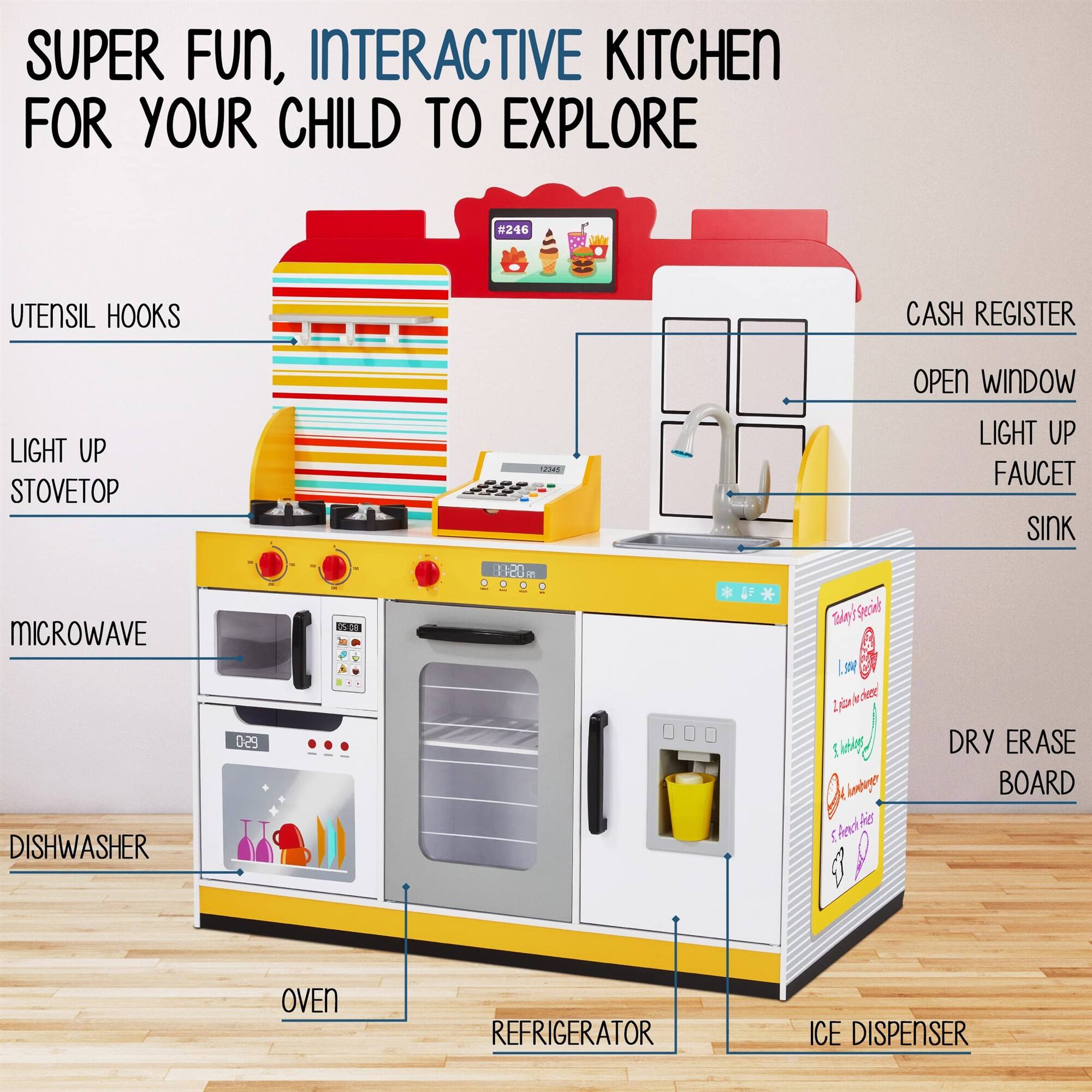 SUPER FUN, INTERACTIVE KITCHEN FOR YOUR CHILD TO EXPLORE #246
UTENSIL HOOKS
CASH REGISTER
LIGHT UP STOVETOP
OPEN WINDOW
LIGHT UP FAUCET
SINK
MICROWAVE
DISHWASHER
DRY ERASE BOARD
OVEN
REFRIGERATOR
ICE DISPENSER