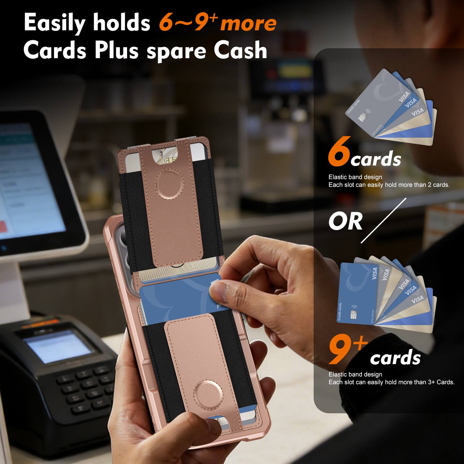 Easily holds 6~9+ more Cards Plus spare Cash

6 cards
Elastic band design
Each slot can easily hold more than 2 cards.

OR

9+ cards
Elastic band design
Each slot can easily hold more than 3+ Cards.