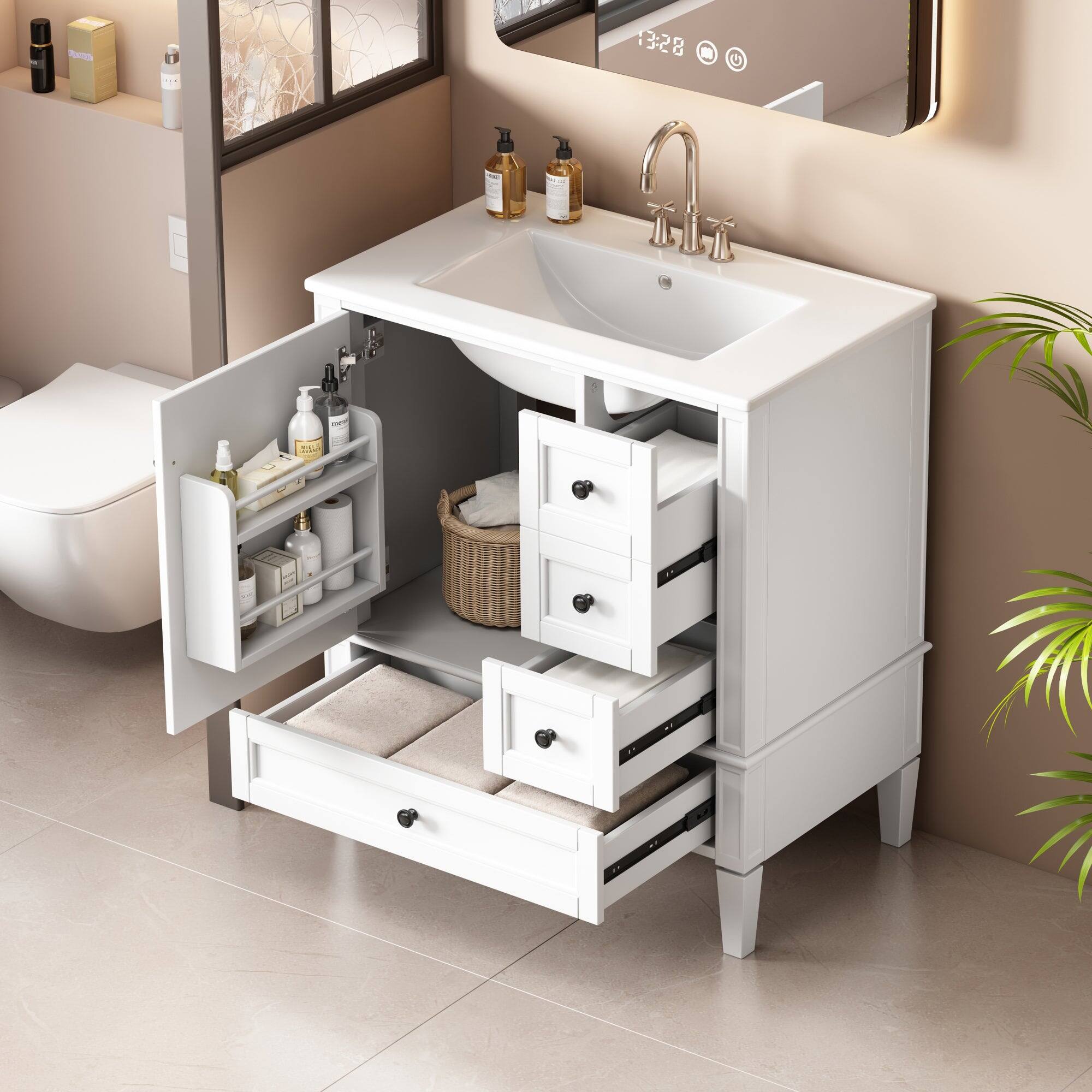 Alt View 5. Boyel Living - 30 Inch Solid Wood Bathroom Vanity with Ceramic Sink Three Drawers White - White.