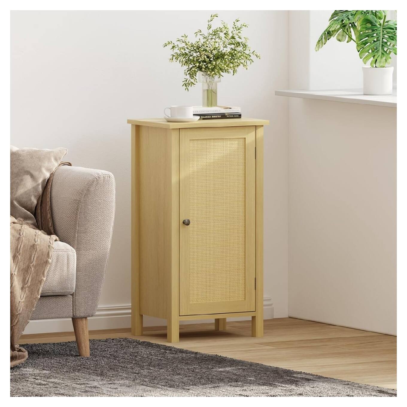 Left. GARVEE - Bamboo Storage Cabinet with Woven Rattan Door, 2-Tier Space-Saving Freestanding Organizer, Natural Color - Natural.