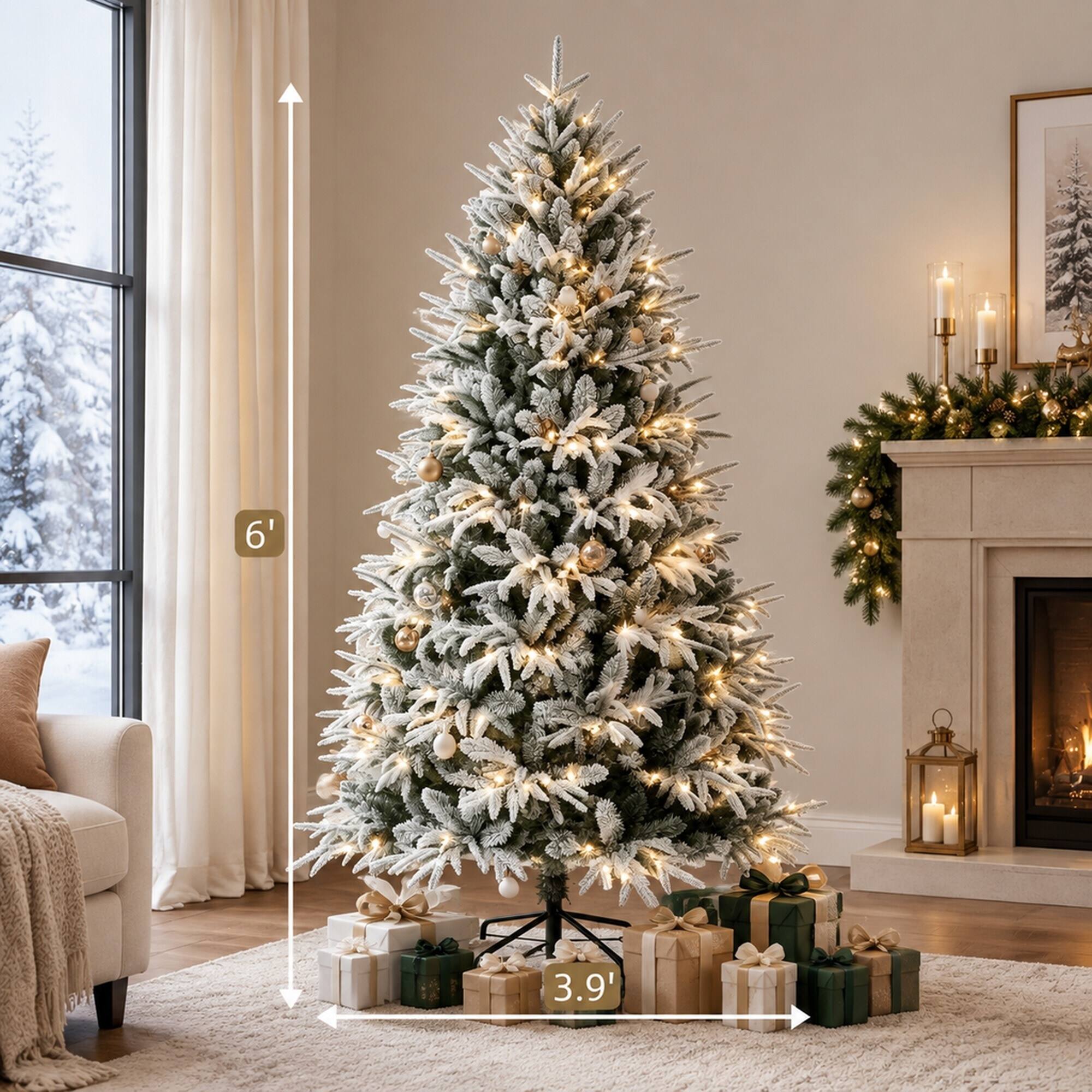 Alt View 3. RYHNUYNE - Pre-Lit Flocked Artificial Christmas Tree With Snow-Dusted Realistic Tips and Easy Setup - White+Green.