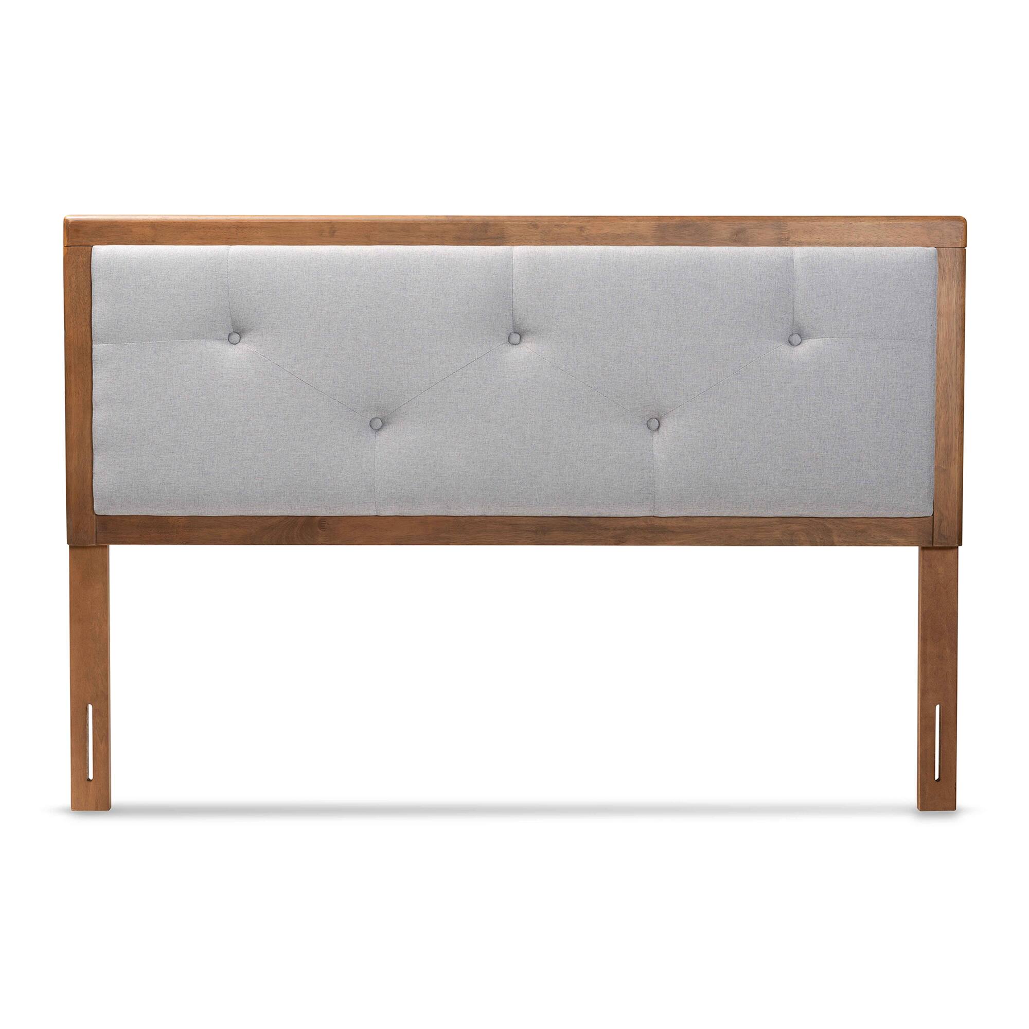 Angle. Baxton Studio - Abner Modern and Contemporary Transitional Fabric Upholstered and Finished Wood King Size Headboard - Light Grey/Walnut Brown.