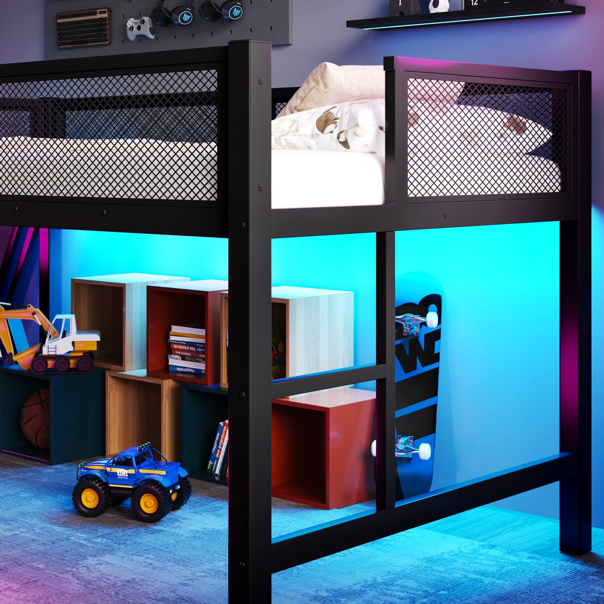 Alt View 3. Boyel Living - Full Size Gaming Loft Bed with Desk of X Shaped Leg LED Lights USB Ports Staircase - Black.