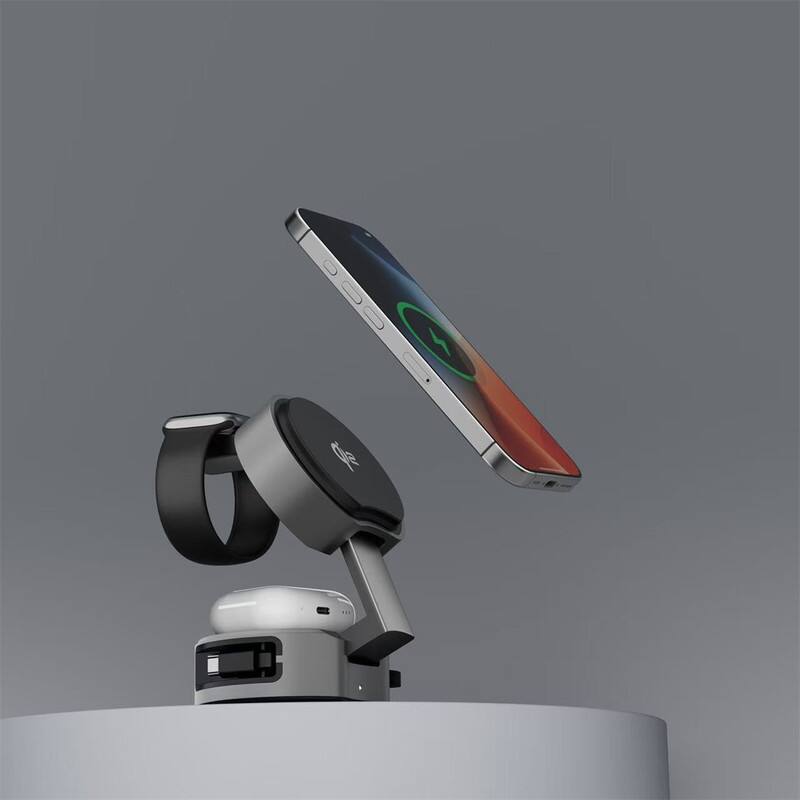 Alt View 1. SKRAN - QI2 Phone Stand - 15W Fast 3-in-1 Wireless Chargerwith Built-in Retractable Cable, Charging for Apple Devices - Silver.