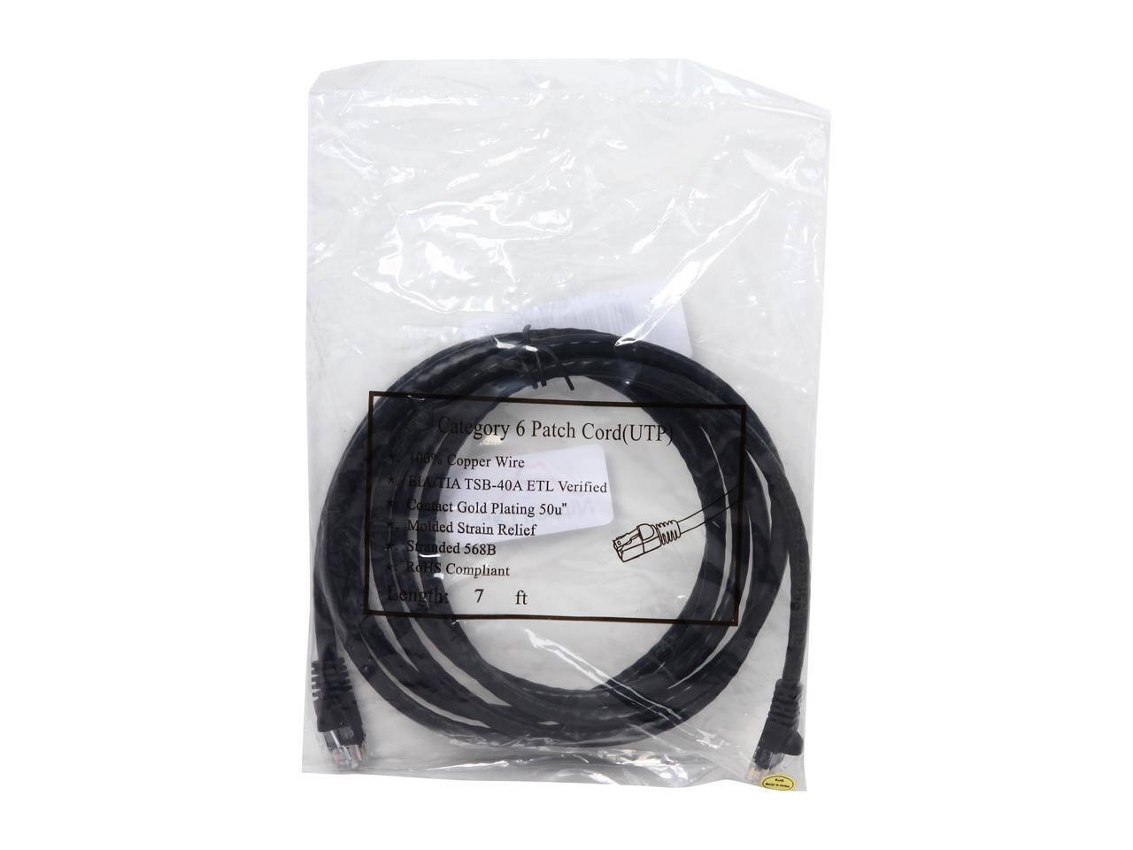 Category 6 Patch Cord (UTP)  
100% Copper Wire  
BLACTIA TSB-40A ETL Verified  
Contact Gold Plating 50u"  
Molded Strain Relief  
7 Stranded  
568B  
RoHS Compliant  
Length: 7 ft