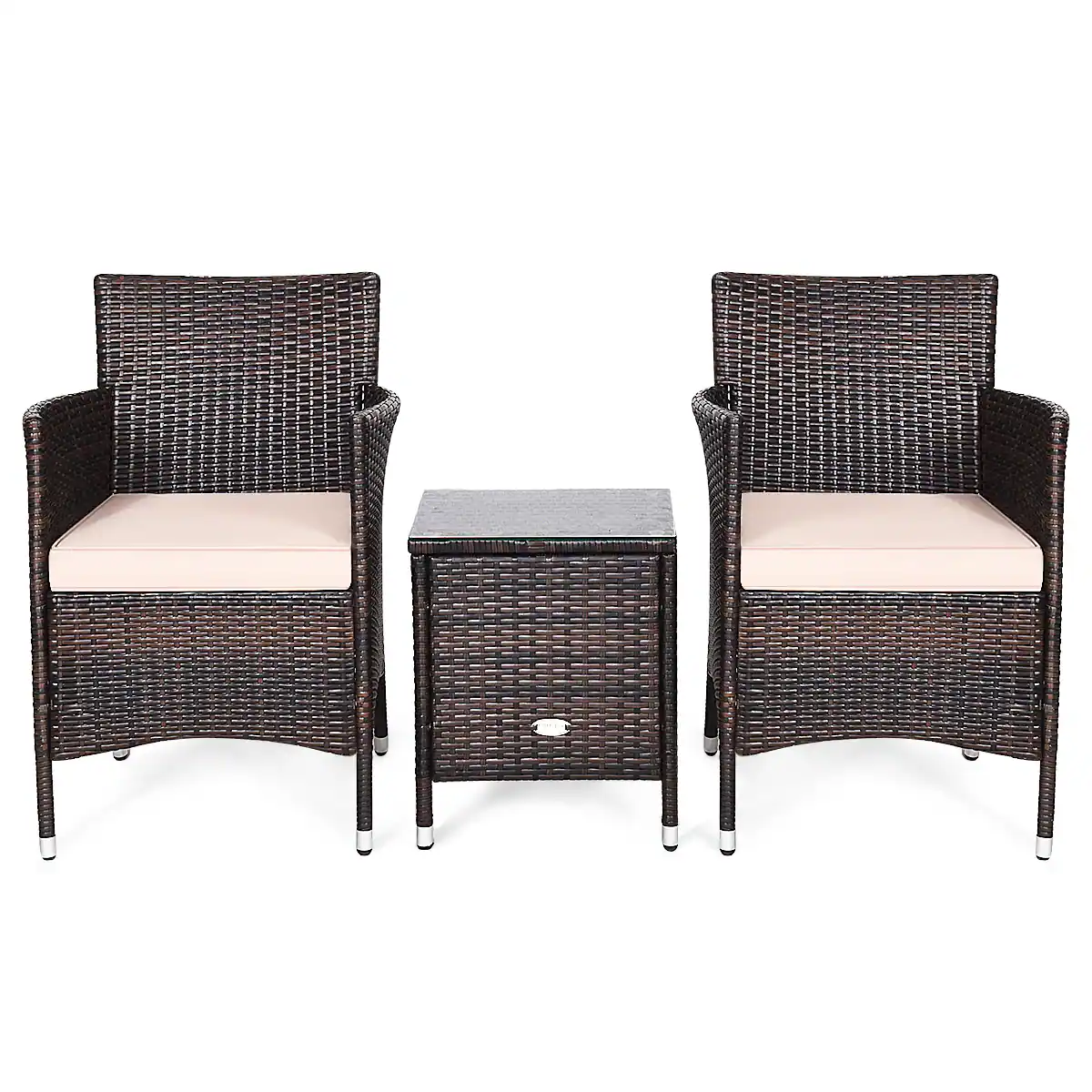 Left. WELLFOR - 3 Pcs Outdoor Rattan Wicker Furniture Set with Cushions - Beige.