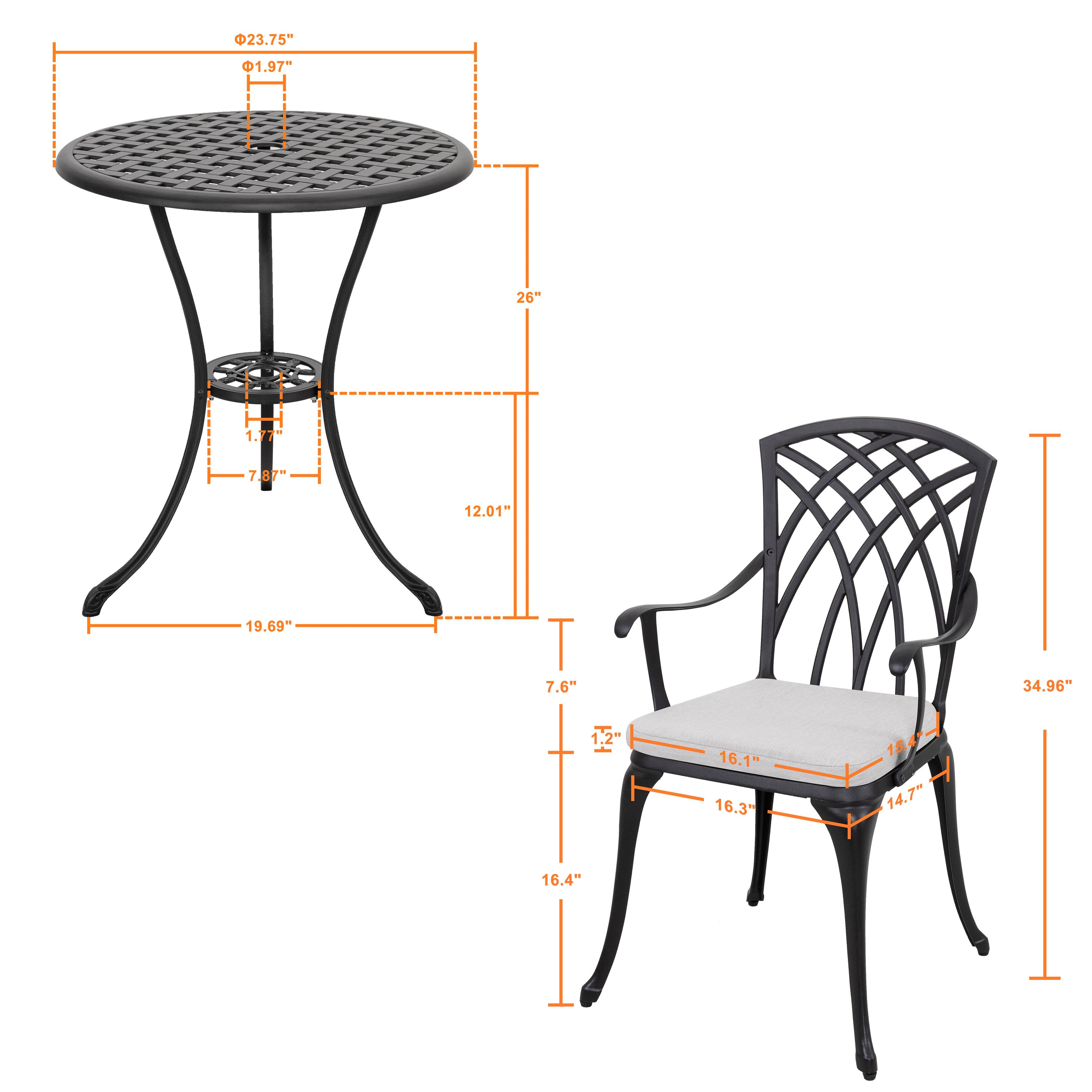- Table:
  - Diameter: 23.75"
  - Height: 12.01"
  - Leg Height: 7.87"
  - Leg Width: 1.77"
  - Base Width: 19.69"
  - Overall Height: 26"

- Chair:
  - Height: 34.96"
  - Seat Height: 16.1"
  - Seat Depth: 15.4"
  - Seat Width: 16.3"
  - Back Height: 16.4"
  - Arm Height: 1.2"