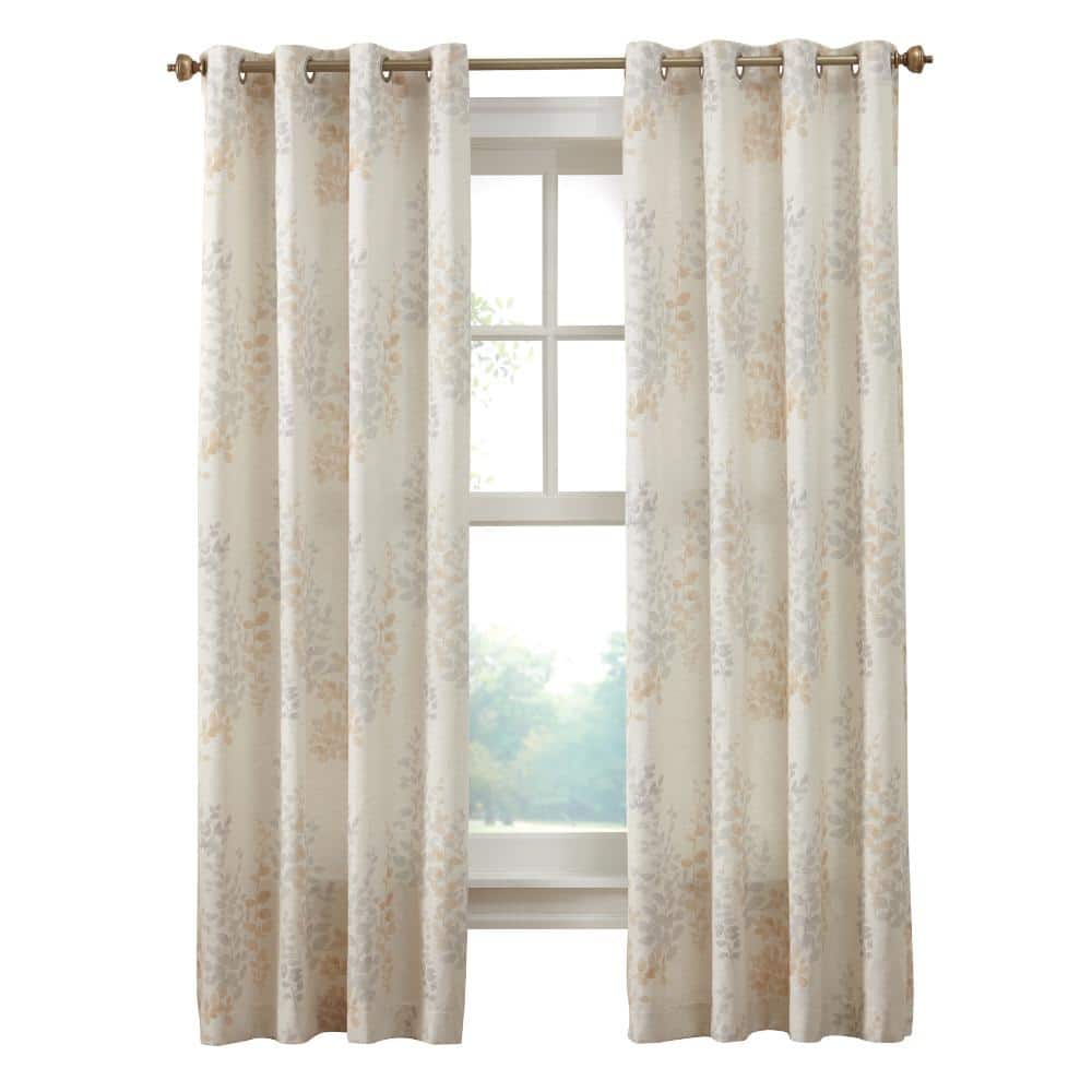 Commonwealth Home Fashions - Habitat Lana Light Filtering Grommet Curtain Panel Two Tone Leaf Branches Bouquet Faux Linen 50" x 84" - Ivory