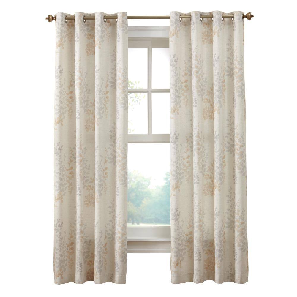 Front. Commonwealth Home Fashions - Habitat Lana Light Filtering Grommet Curtain Panel Two Tone Leaf Branches Bouquet Faux Linen 50" x 84" Ivory - Ivory.