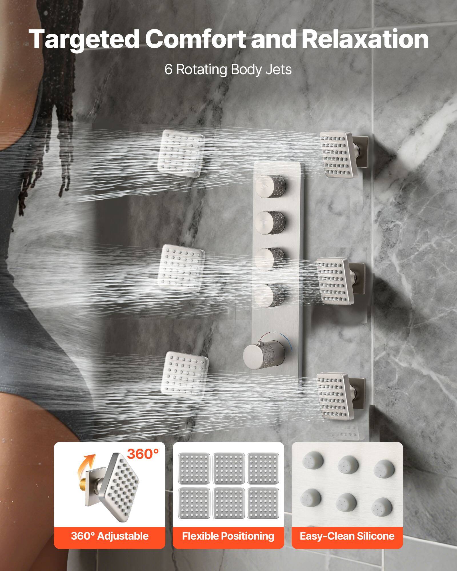 Targeted Comfort and Relaxation  
6 Rotating Body Jets  

360° Adjustable  
Flexible Positioning  
Easy-Clean Silicone