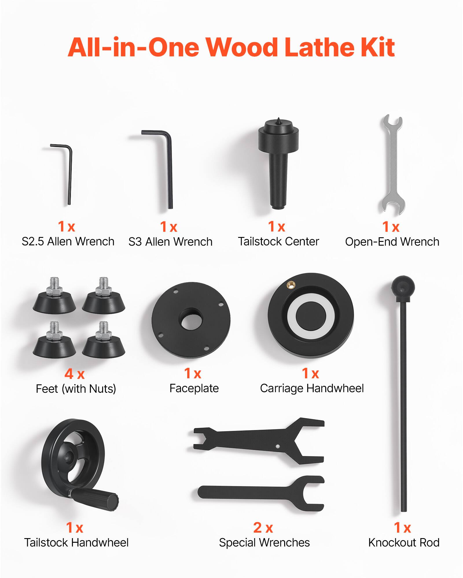 All-in-One Wood Lathe Kit

- 1x S2.5 Allen Wrench
- 1x S3 Allen Wrench
- 1x Tailstock Center
- 1x Open-End Wrench
- 4x Feet (with Nuts)
- 1x Faceplate
- 1x Carriage Handwheel
- 1x Tailstock Handwheel
- 2x Special Wrenches
- 1x Knockout Rod
