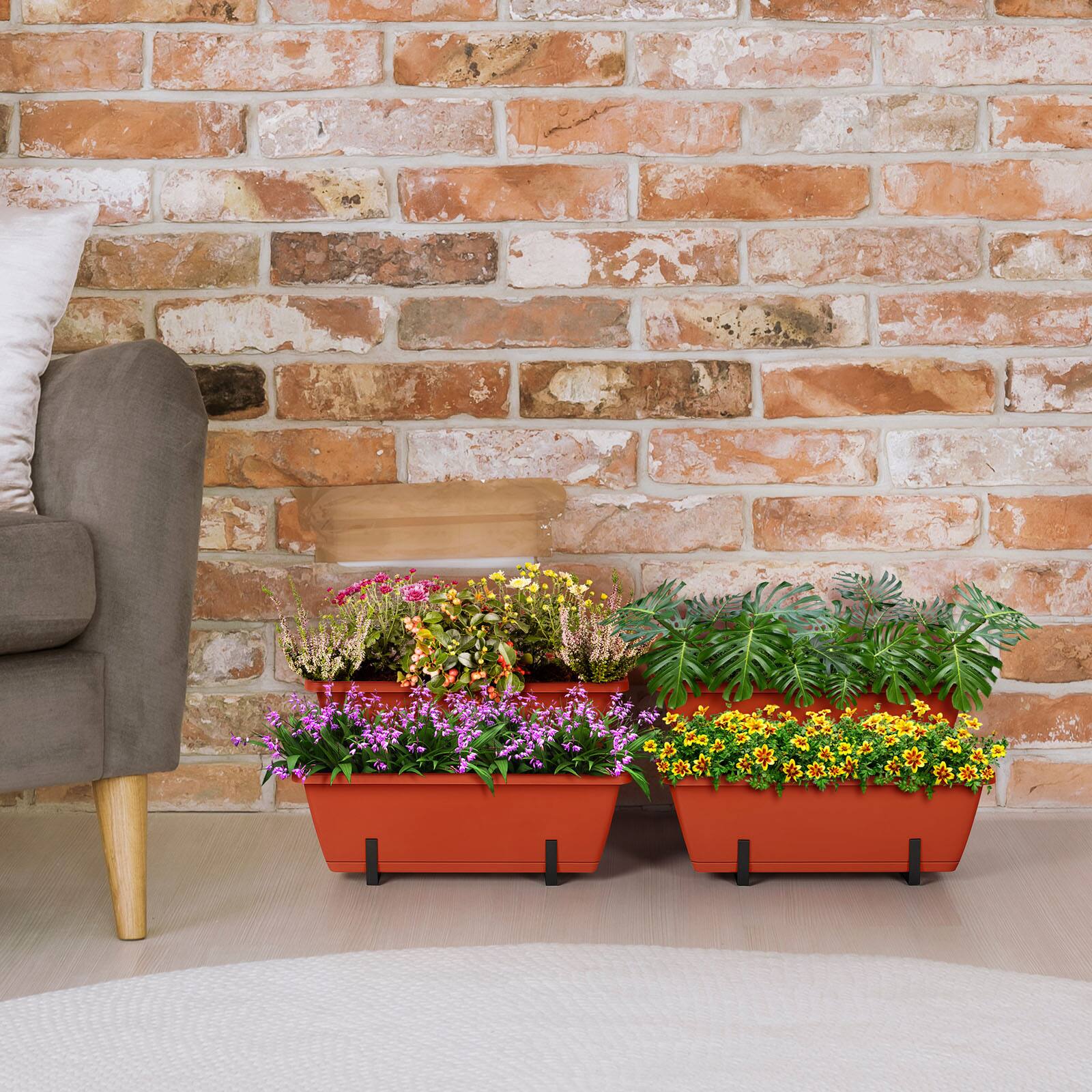 Alt View 2. Oumilen - Raised 2-Piece Garden Planter Set, Brick Red Elevated Plastic Boxes w/ Metal Stand for Veggies Flowers Herbs Patio.