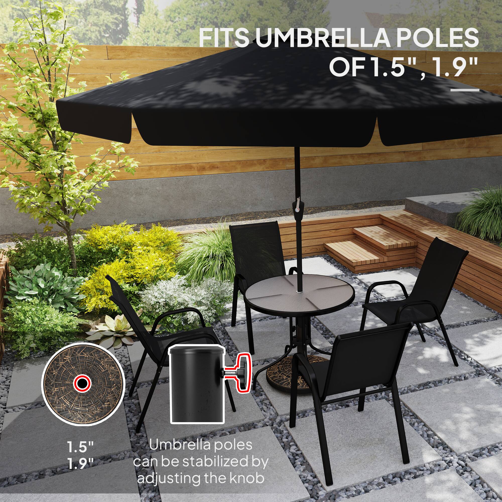 FITS UMBRELLA POLES OF 1.5", OF 1.9" 1.5" 1.9" Umbrella poles can be stabilized by adjusting the knob