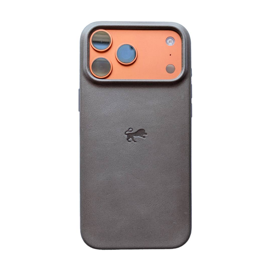 Left. LUMAZI - Full Grain Leather MagSafe iPhone 17 Pro Case - Storm Grey.