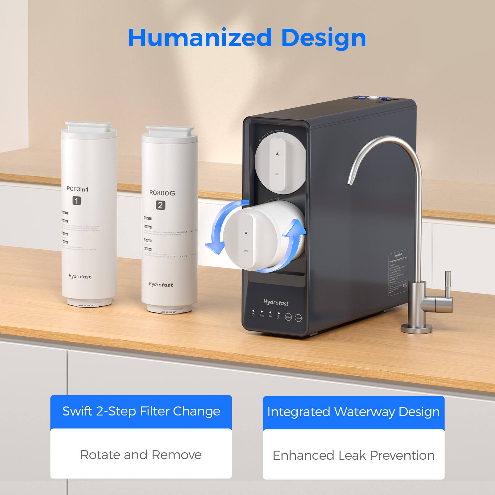 Humanized Design

PCF3in1  
RO800G  
Hydrofast  
Hydrofast  

Swift 2-Step Filter Change  
Rotate and Remove  

Integrated Waterway Design  
Enhanced Leak Prevention