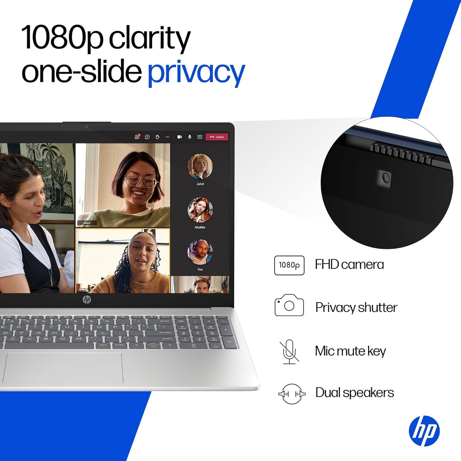 1080p clarity one-slide privacy

- 1080p FHD camera
- Privacy shutter
- Mic mute key
- Dual speakers

hp