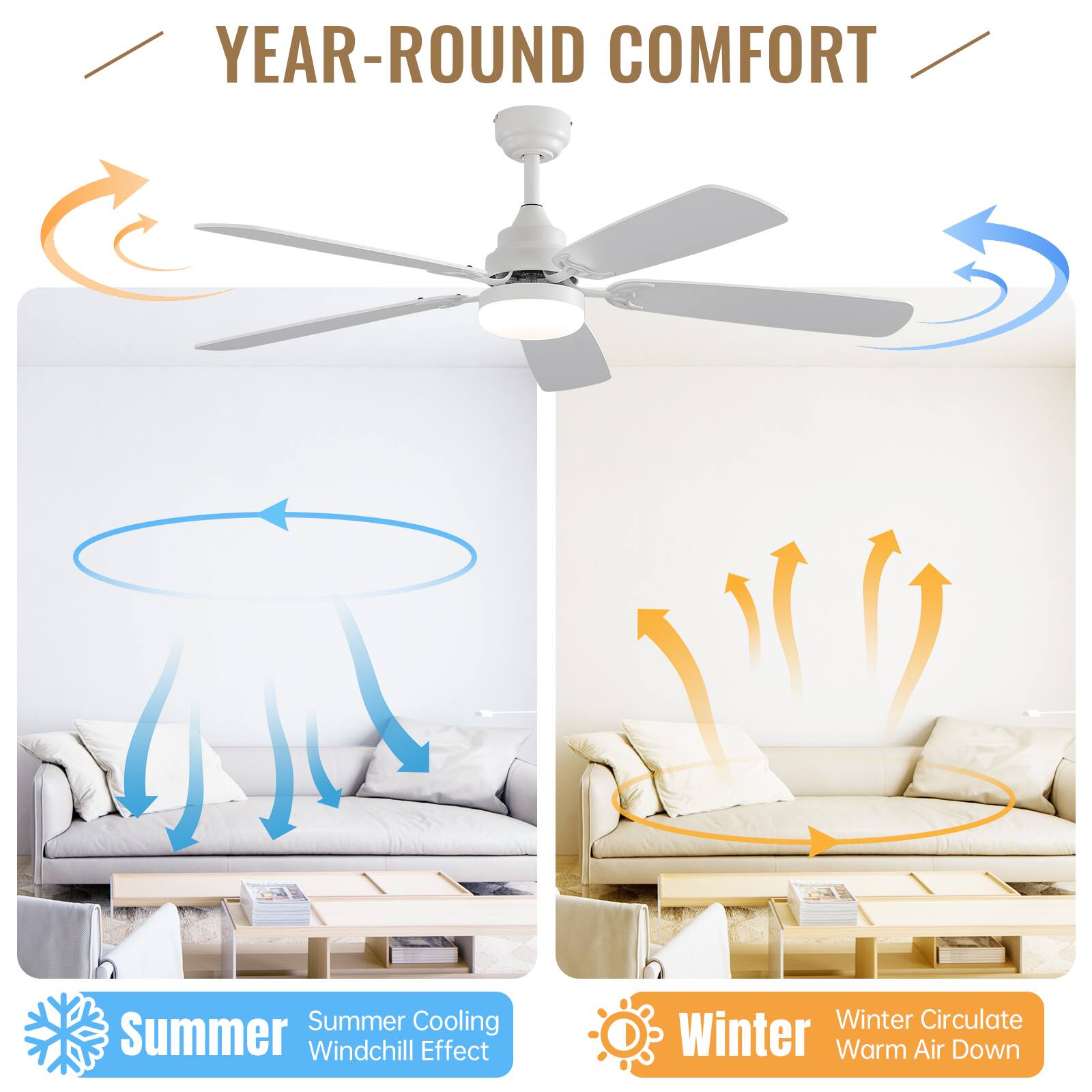 YEAR-ROUND COMFORT

Summer  
Summer Cooling  
Windchill Effect

Winter  
Winter Circulate  
Warm Air Down